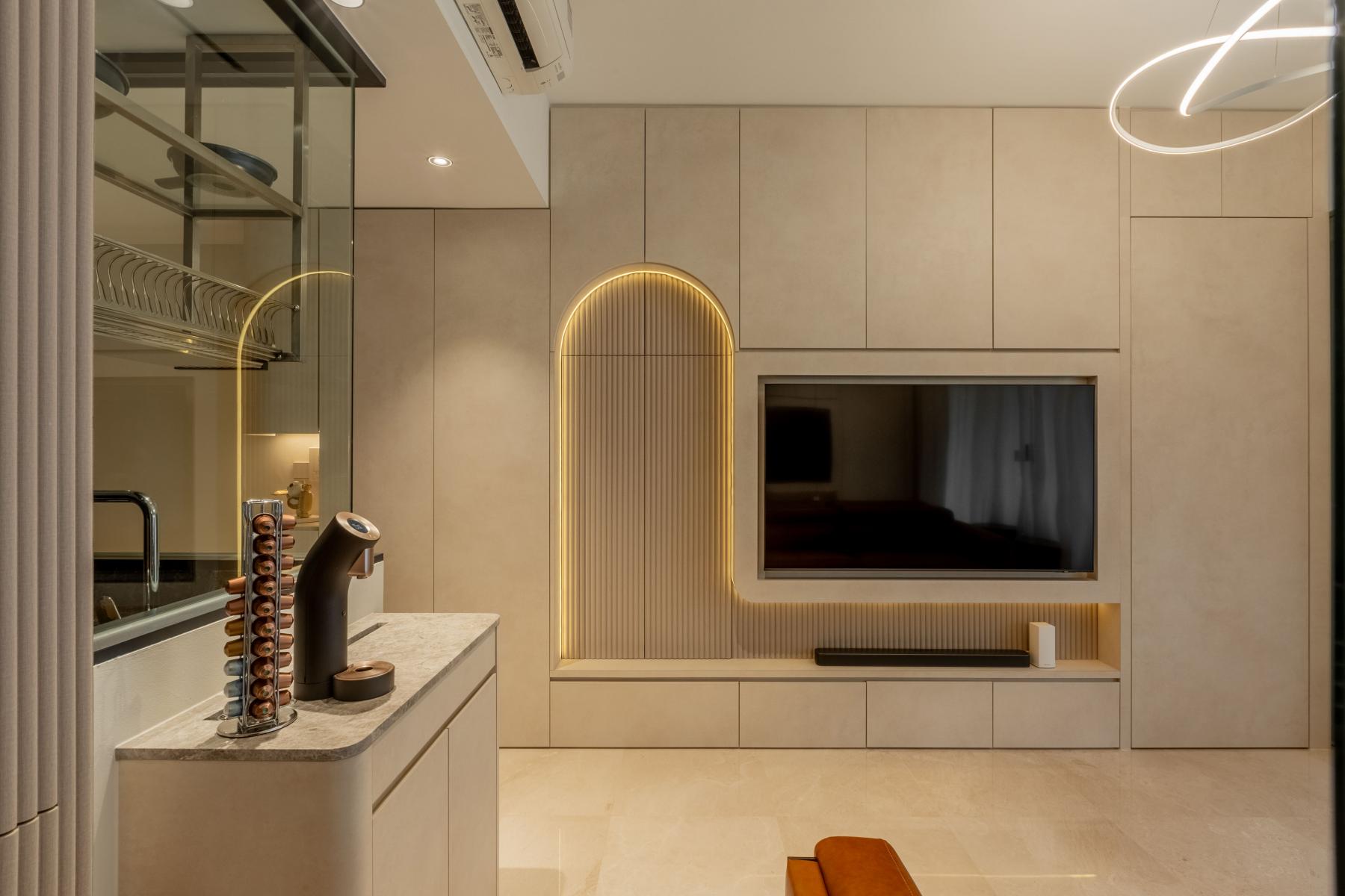 Modern Living Room with TV Console and Ceiling Light