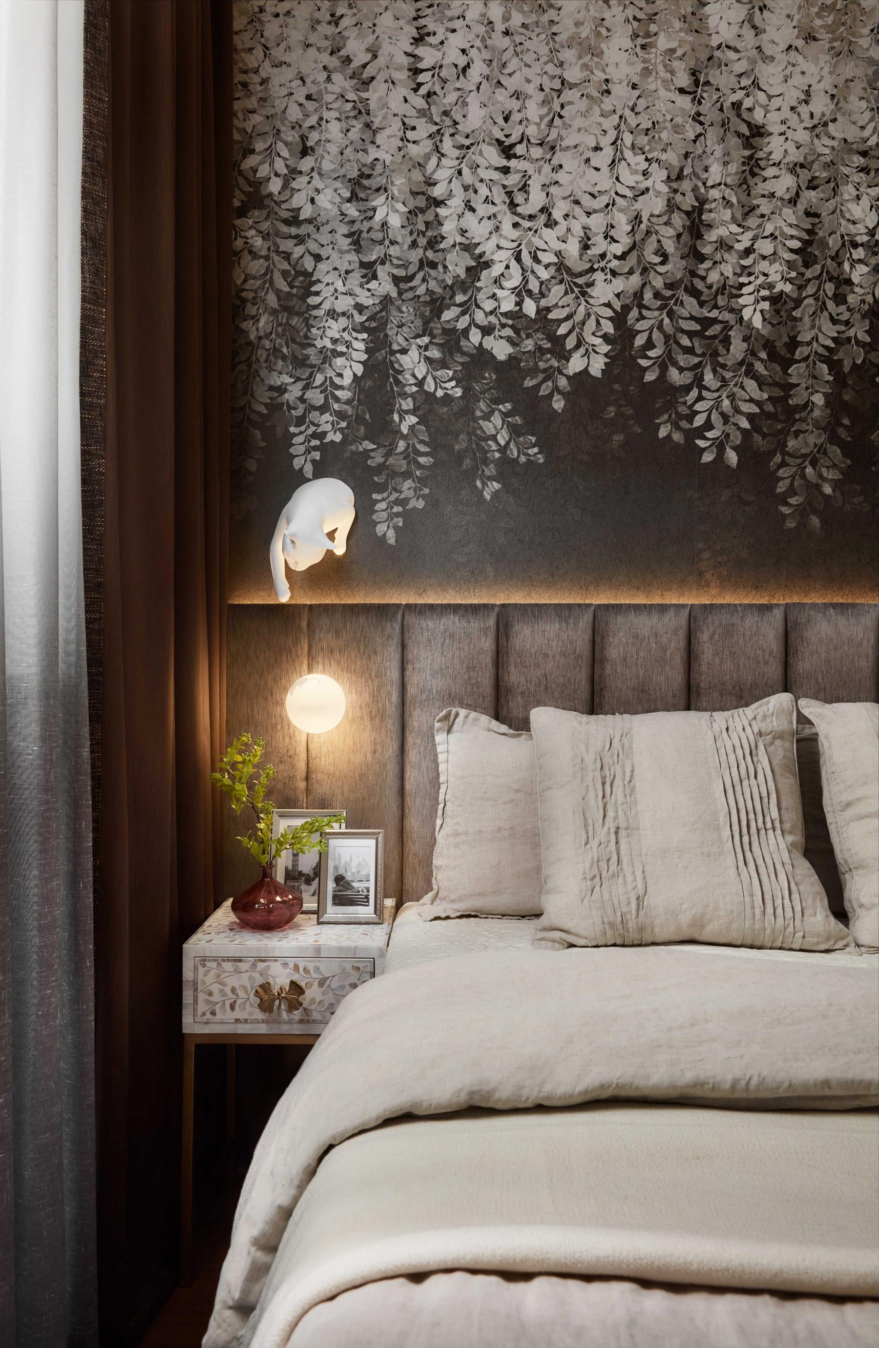 Modern Bedroom with Parquet Floor and Bedside Table