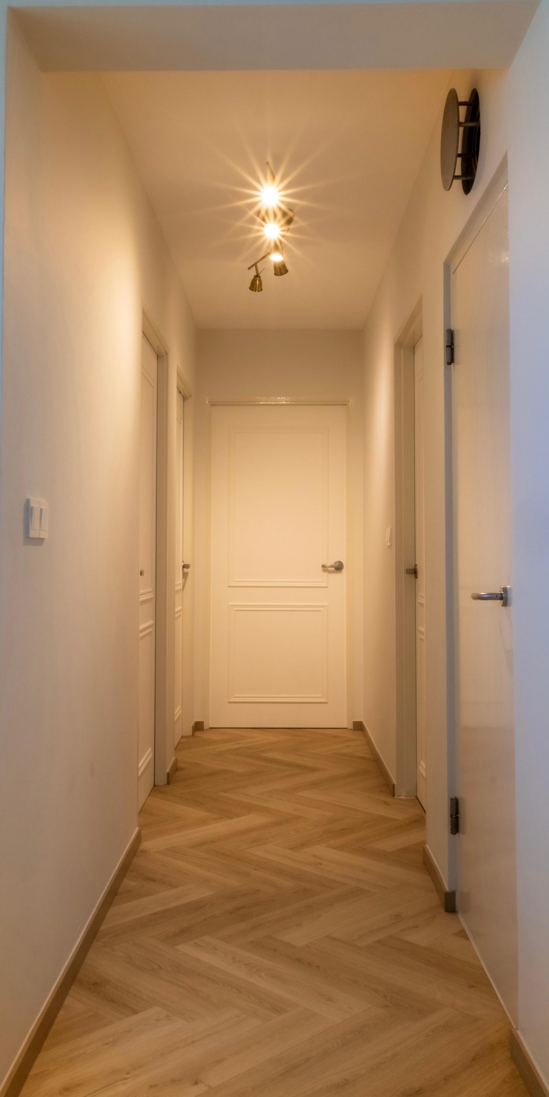 Minimalist Hallway with Vinyl Flooring and Paintings