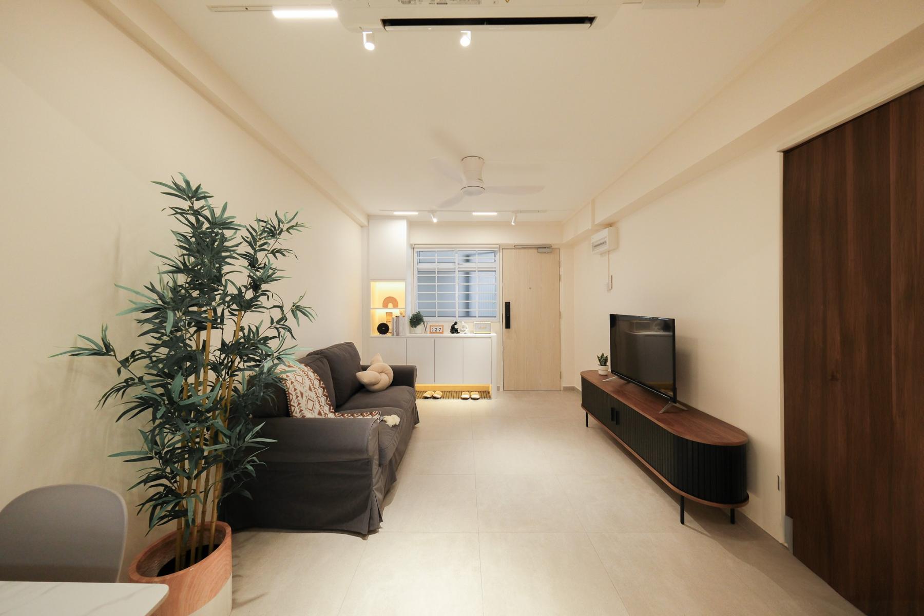 Scandinavian Living Room with Cement Floor and TV Console