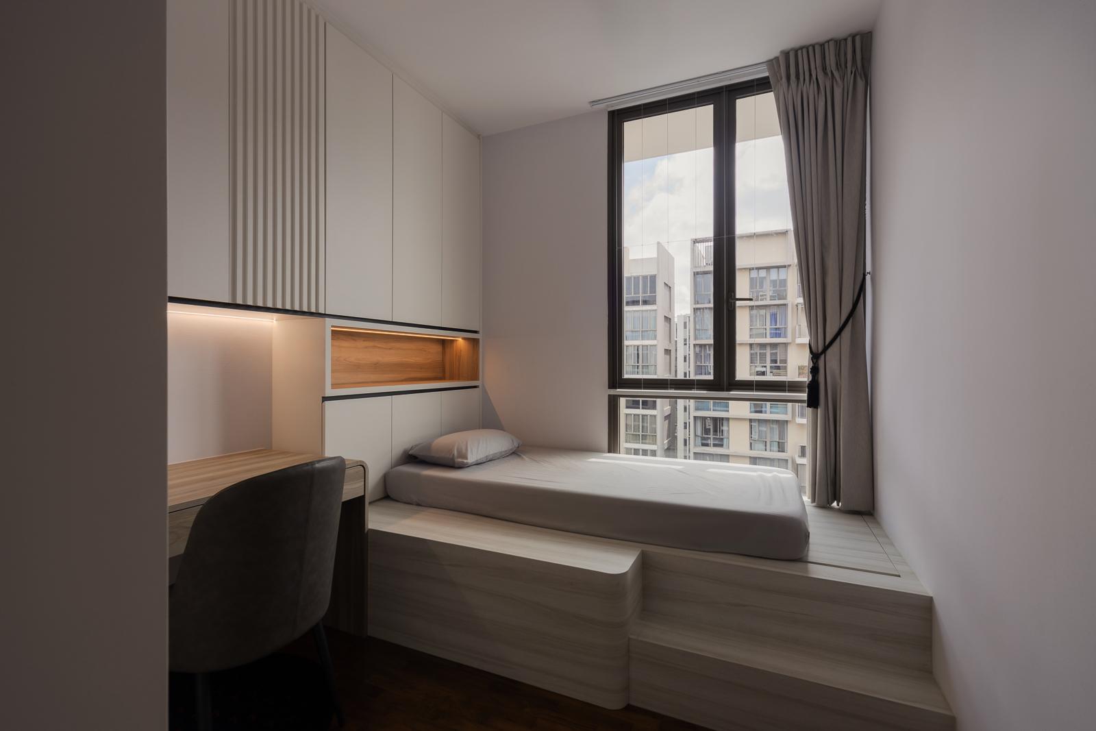 Modern Bedroom with Bookshelf and Platform Bed