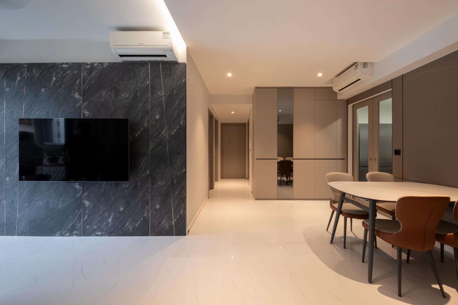 Contemporary Living Room with Homogeneous Tiles and Feature Wall