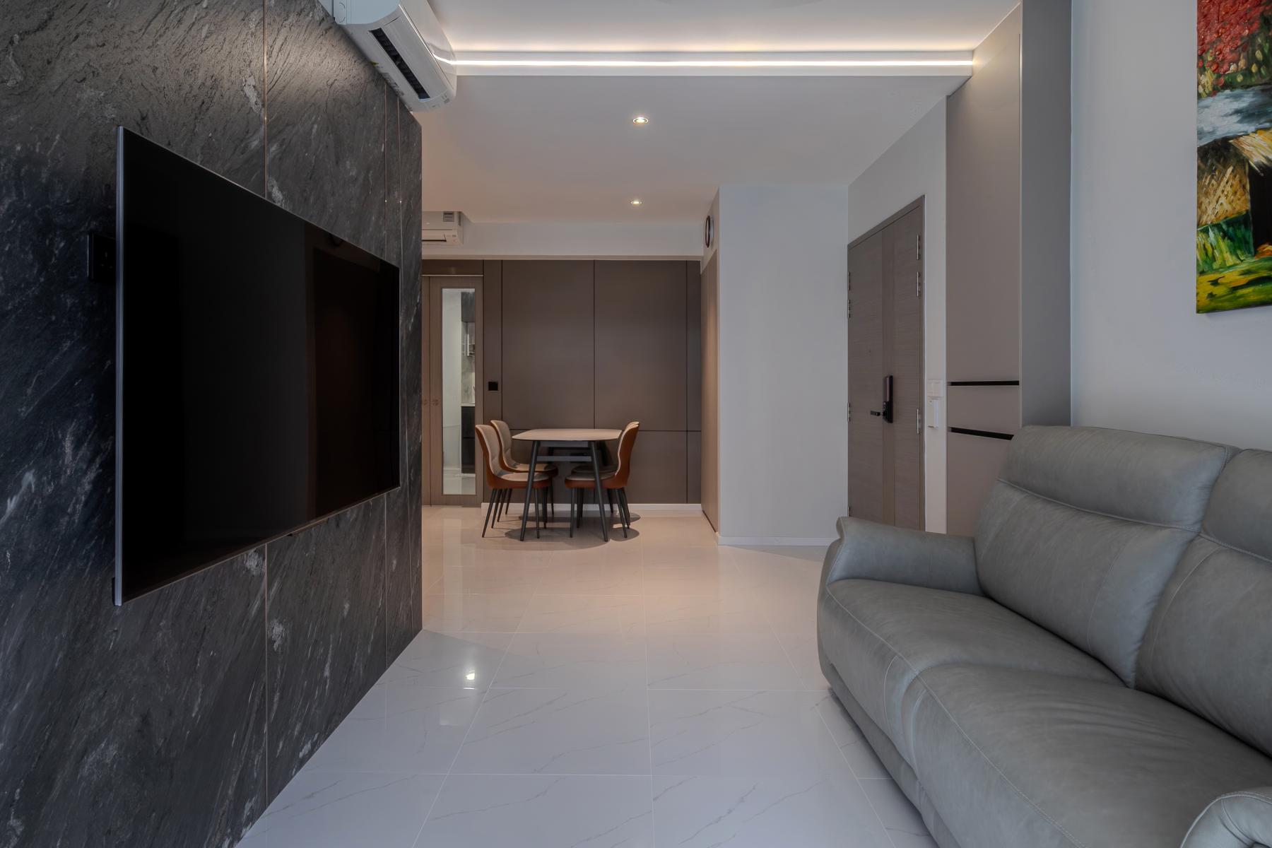 Contemporary Living Room with Ceiling Light and Paintings