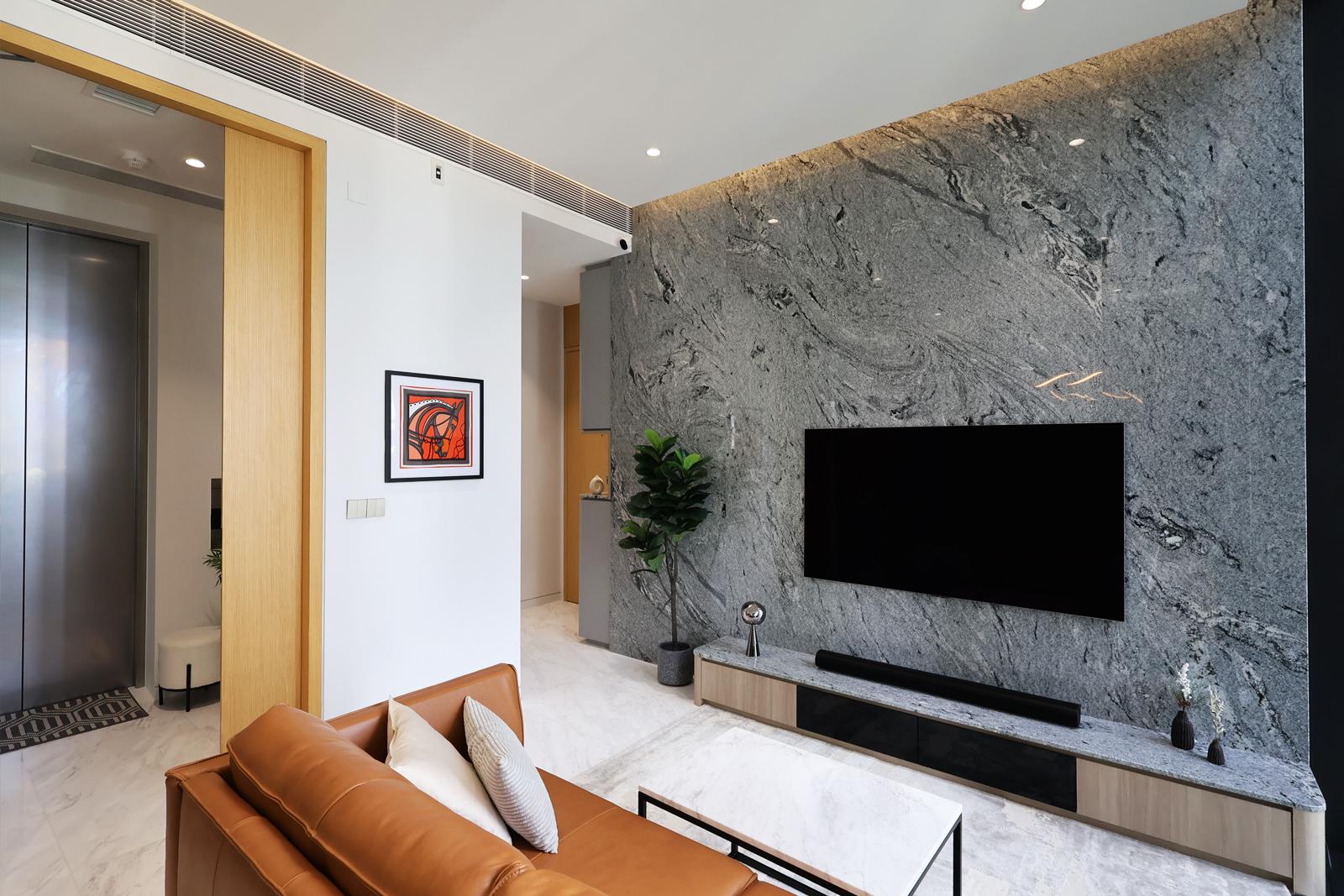 Contemporary Living Room with TV Console and Feature Wall