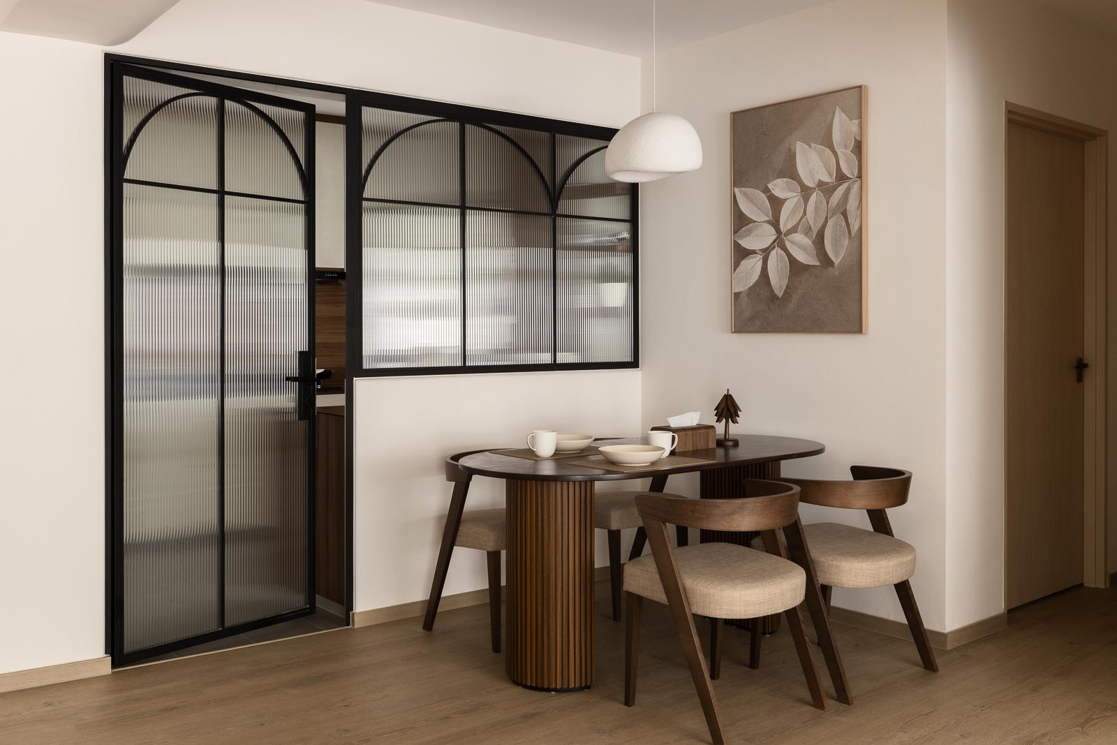 Scandinavian Dining Room with Vinyl Flooring and Glass Door