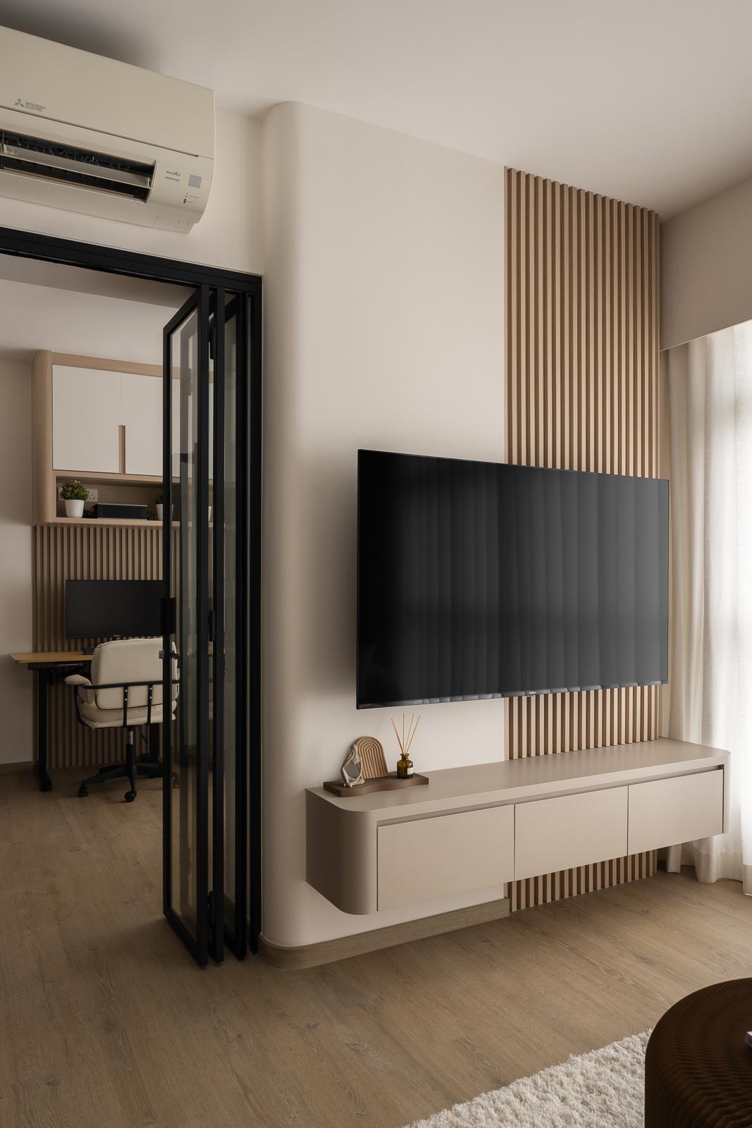 Scandinavian Living Room with TV Console and Feature Wall