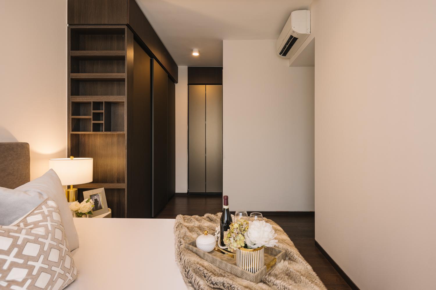 Modern Bedroom with Bookshelf and Parquet Floor
