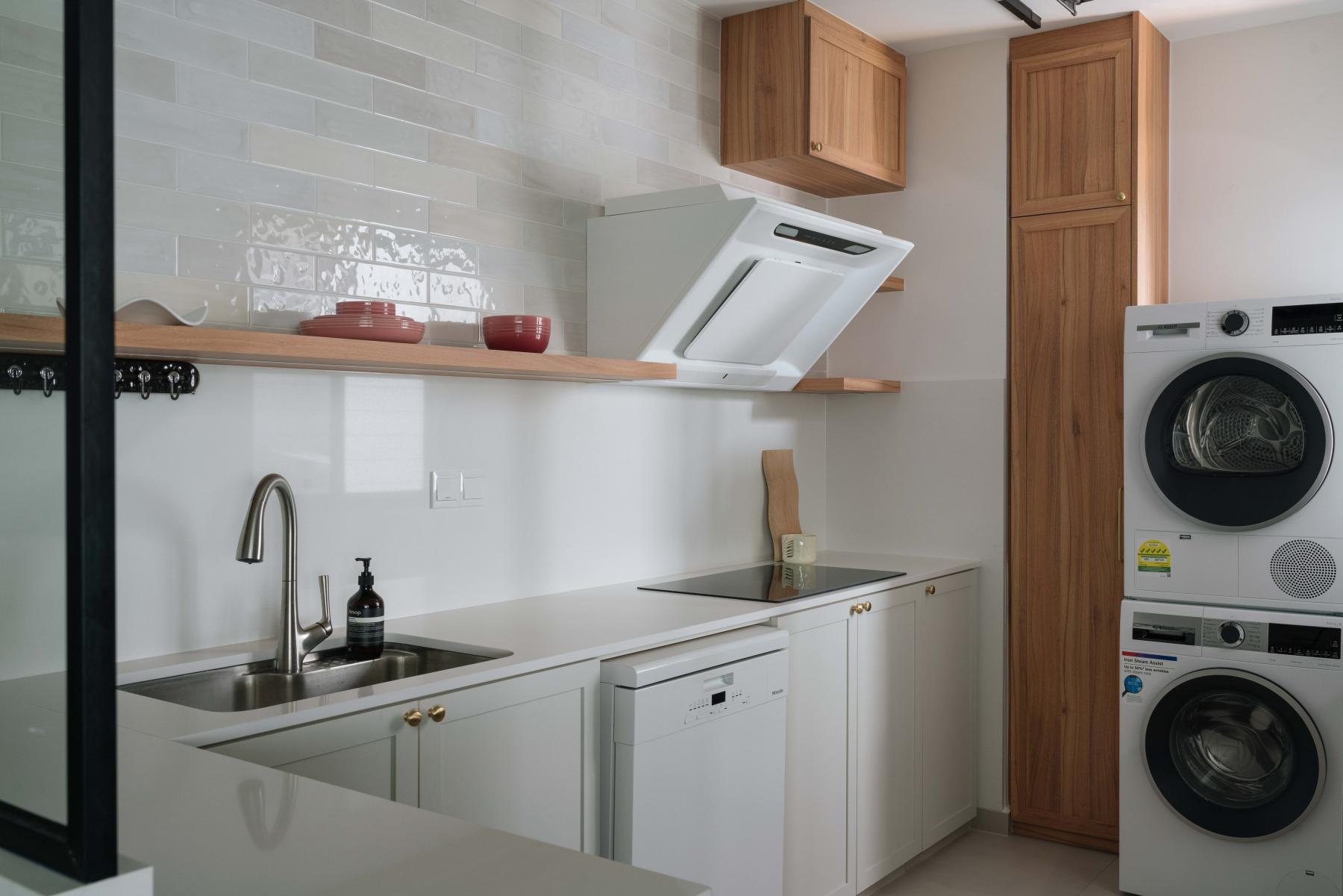 Scandinavian Kitchen with Washing Machine and Cupboard