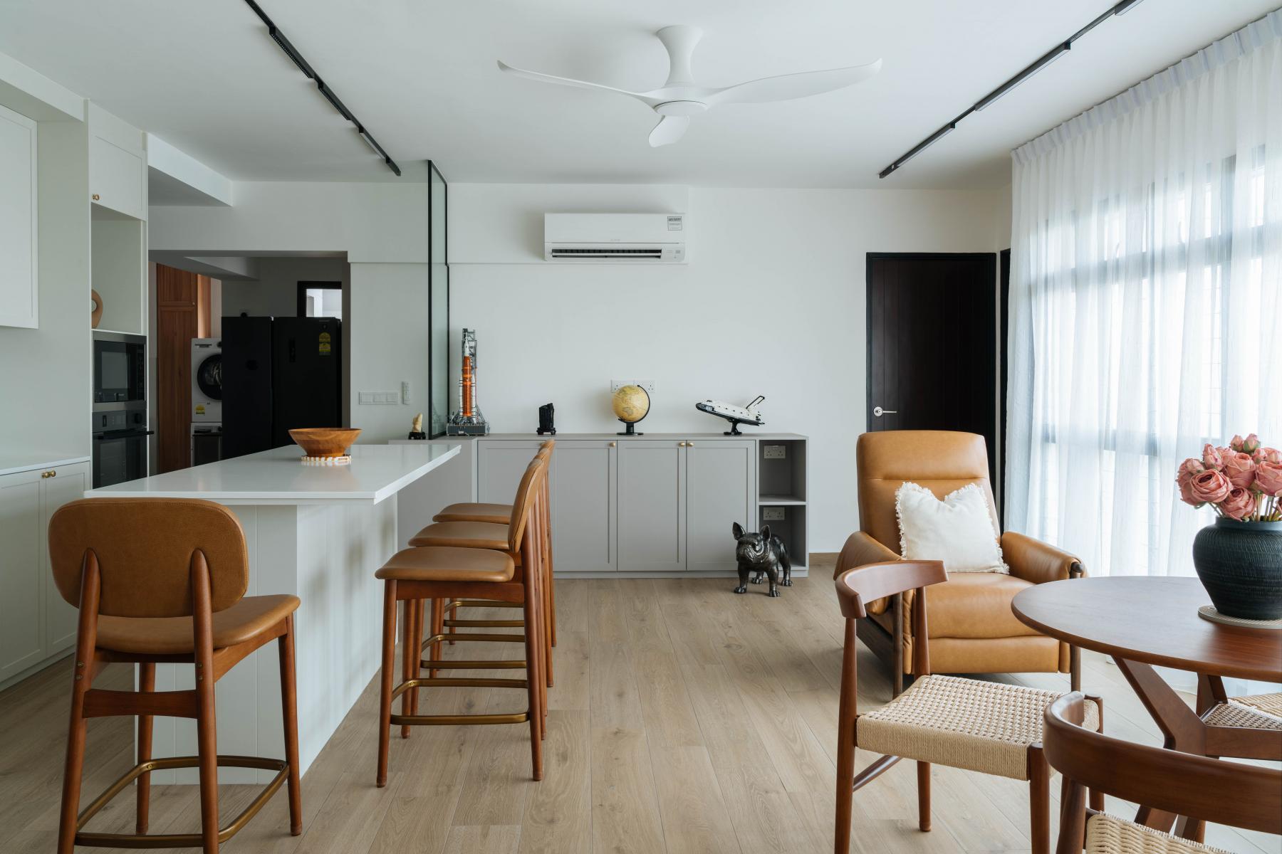 Scandinavian Living Room with Vinyl Flooring and Kitchen Island