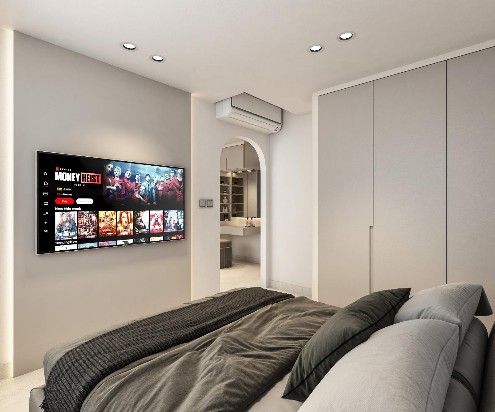 Modern Bedroom with Homogeneous Tiles and Marble Floor