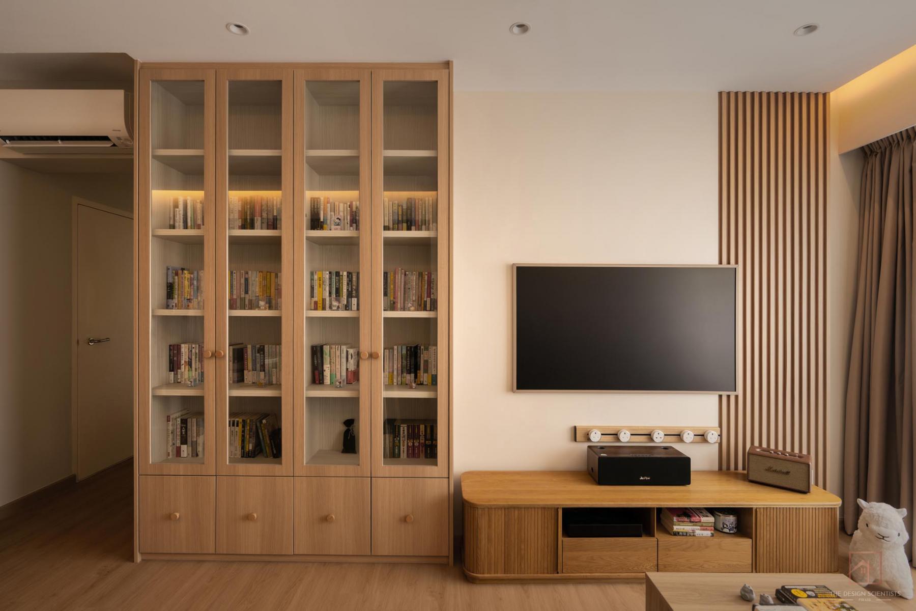 Asian Living Room with Bookshelf and Cove Lighting