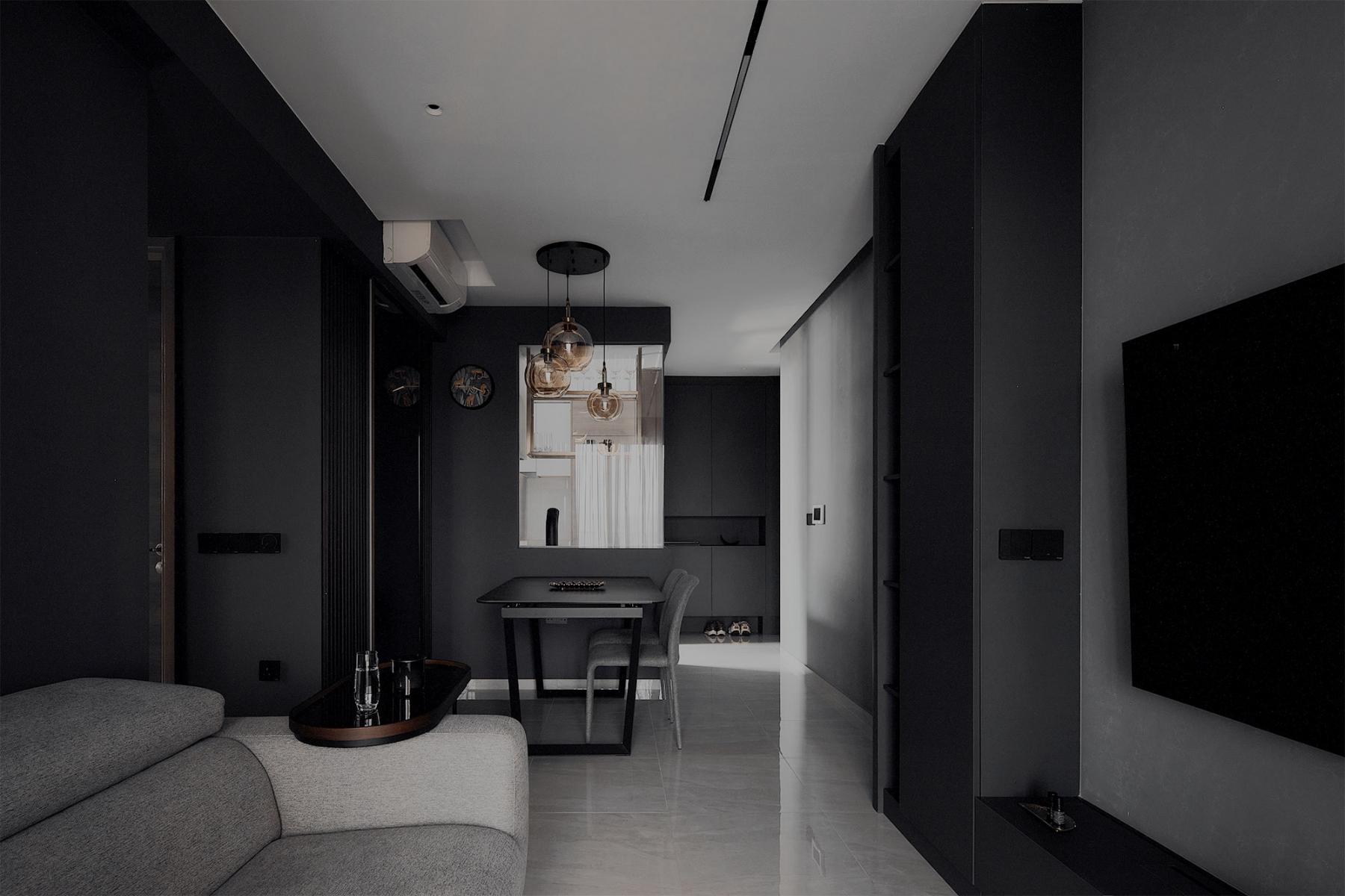 Contemporary Living Room with Homogeneous Tiles and TV Console