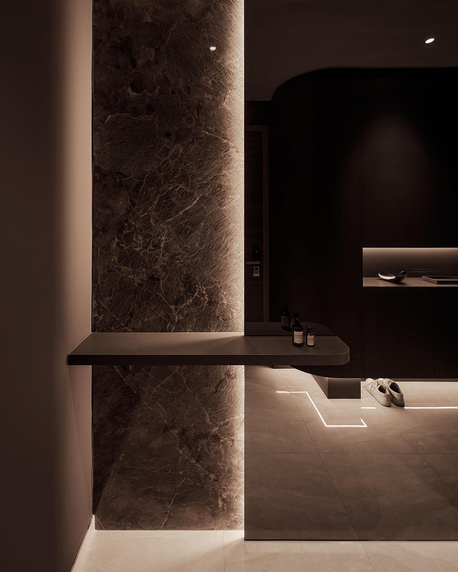 Contemporary Foyer with Feature Wall and Wall Shelves