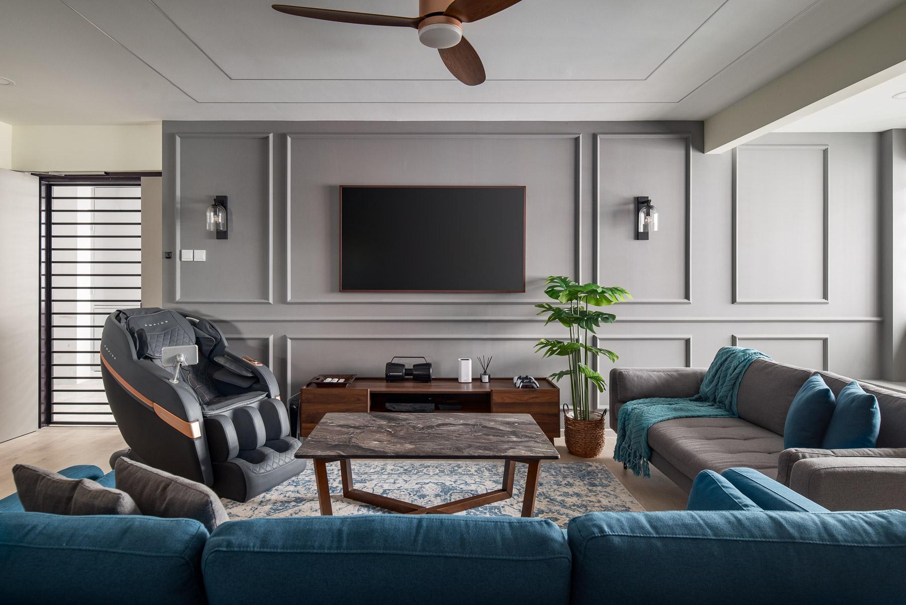 Country Living Room with Vinyl Flooring and Feature Wall