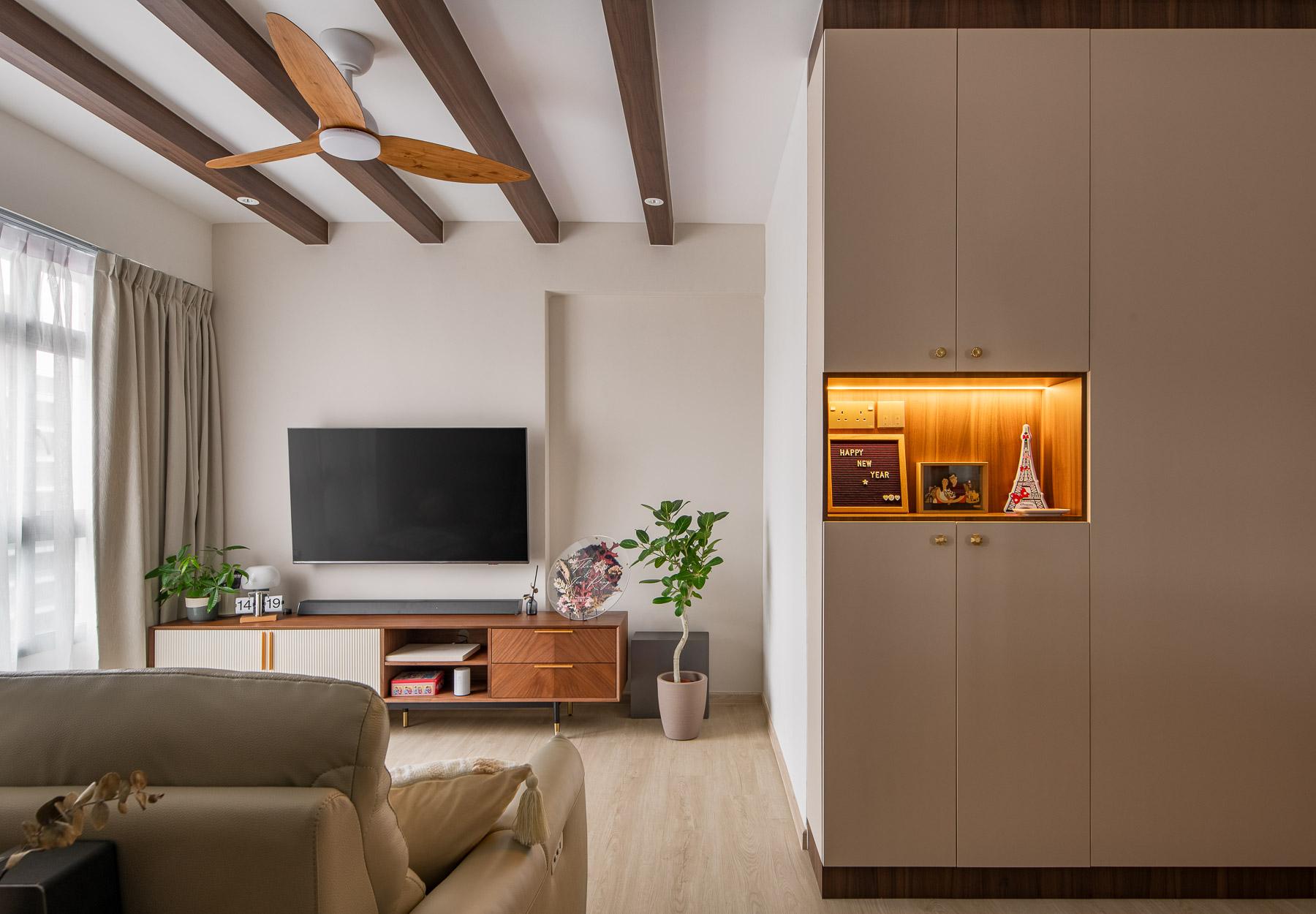Country Living Room with TV Console and Feature Wall