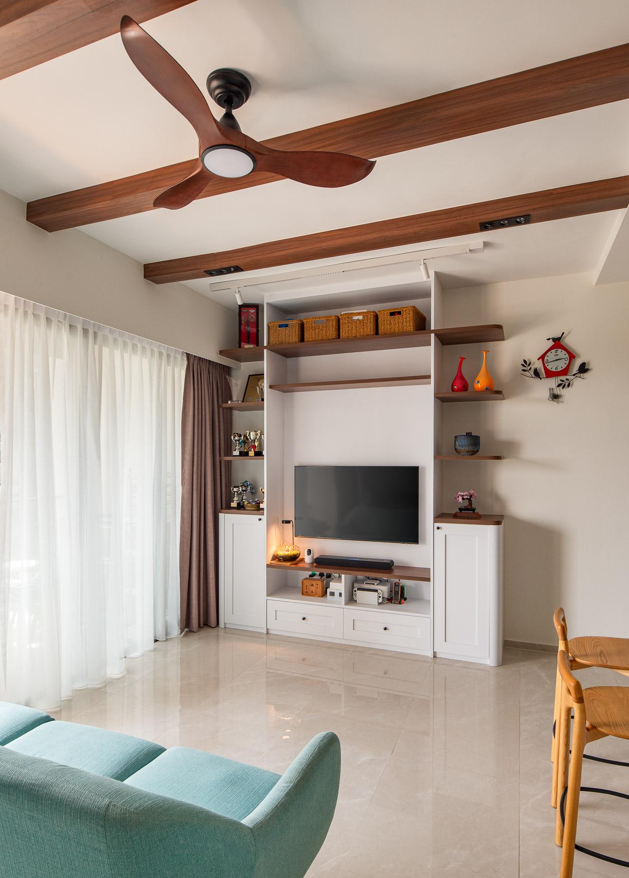 Country Living Room with Homogeneous Tiles and TV Console
