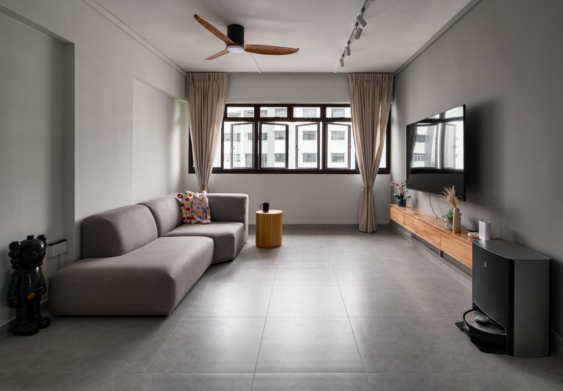 Contemporary Living Room with Homogeneous Tiles and TV Console