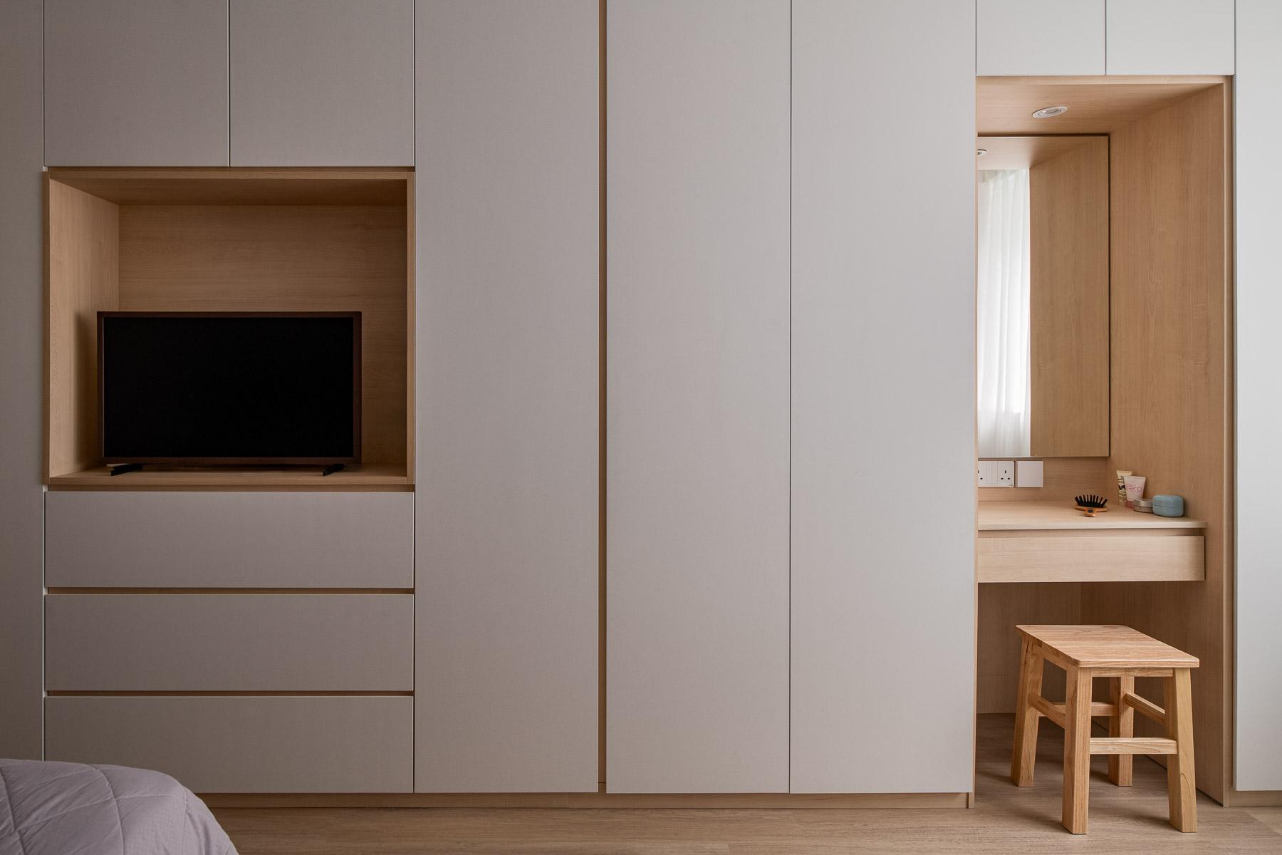 Scandinavian Bedroom with Bookshelf and Wardrobe