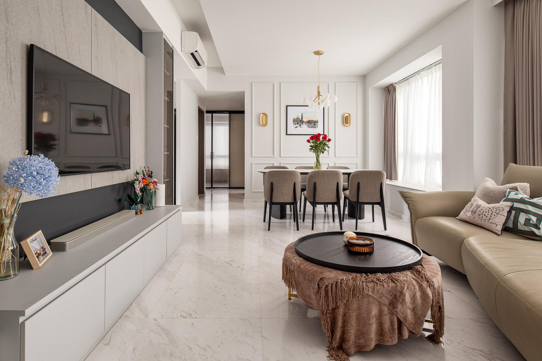 Modern Living Room with Marble Floor and Feature Wall