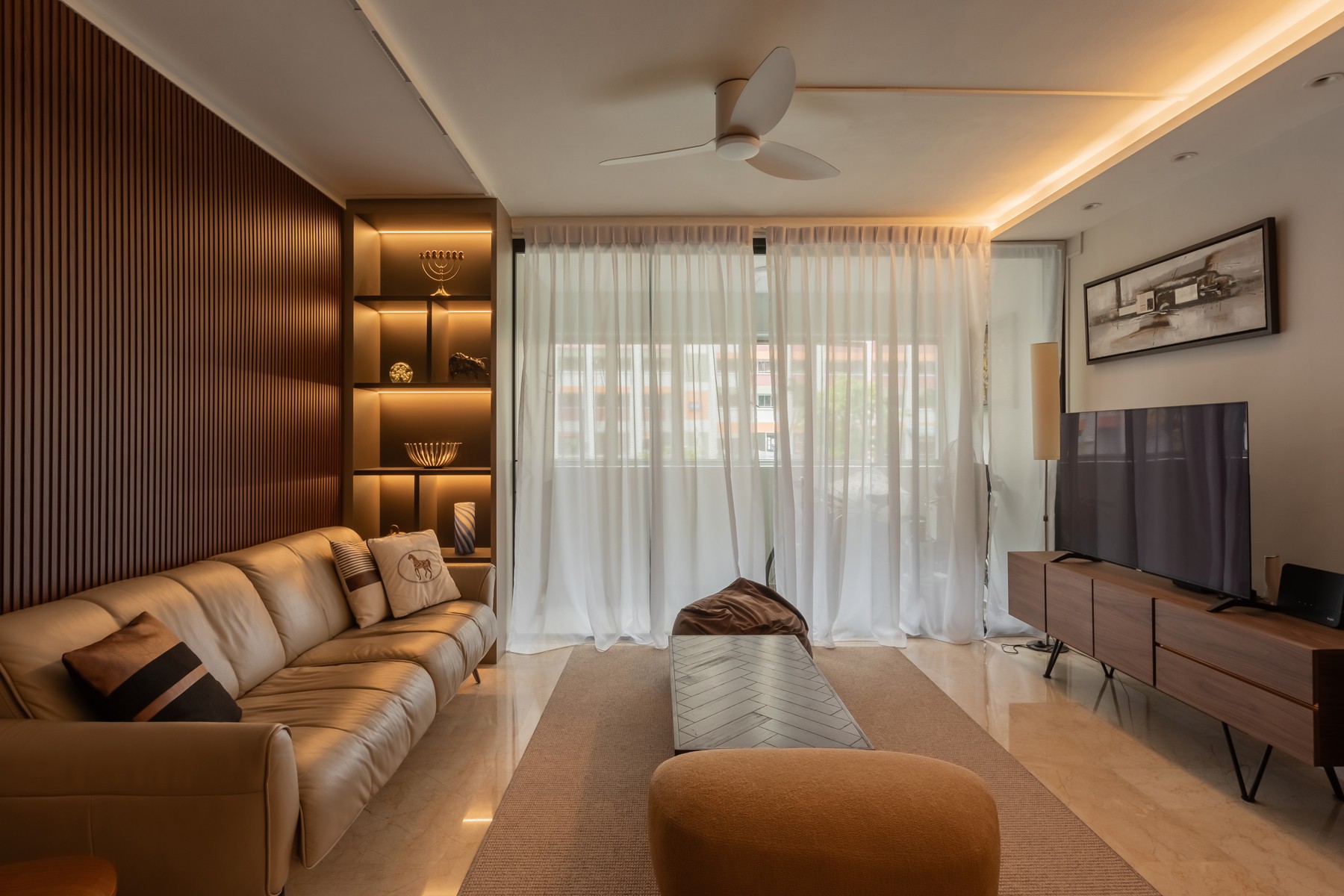 Contemporary Living Room with TV Console and Feature Wall