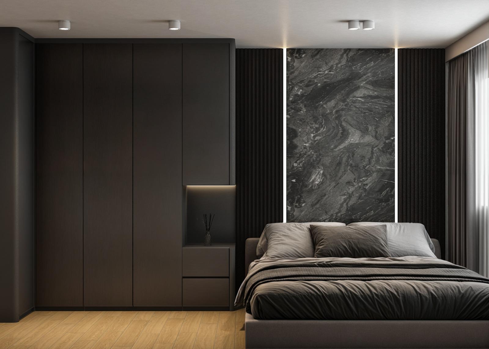 Modern Bedroom with Vinyl Flooring and Feature Wall