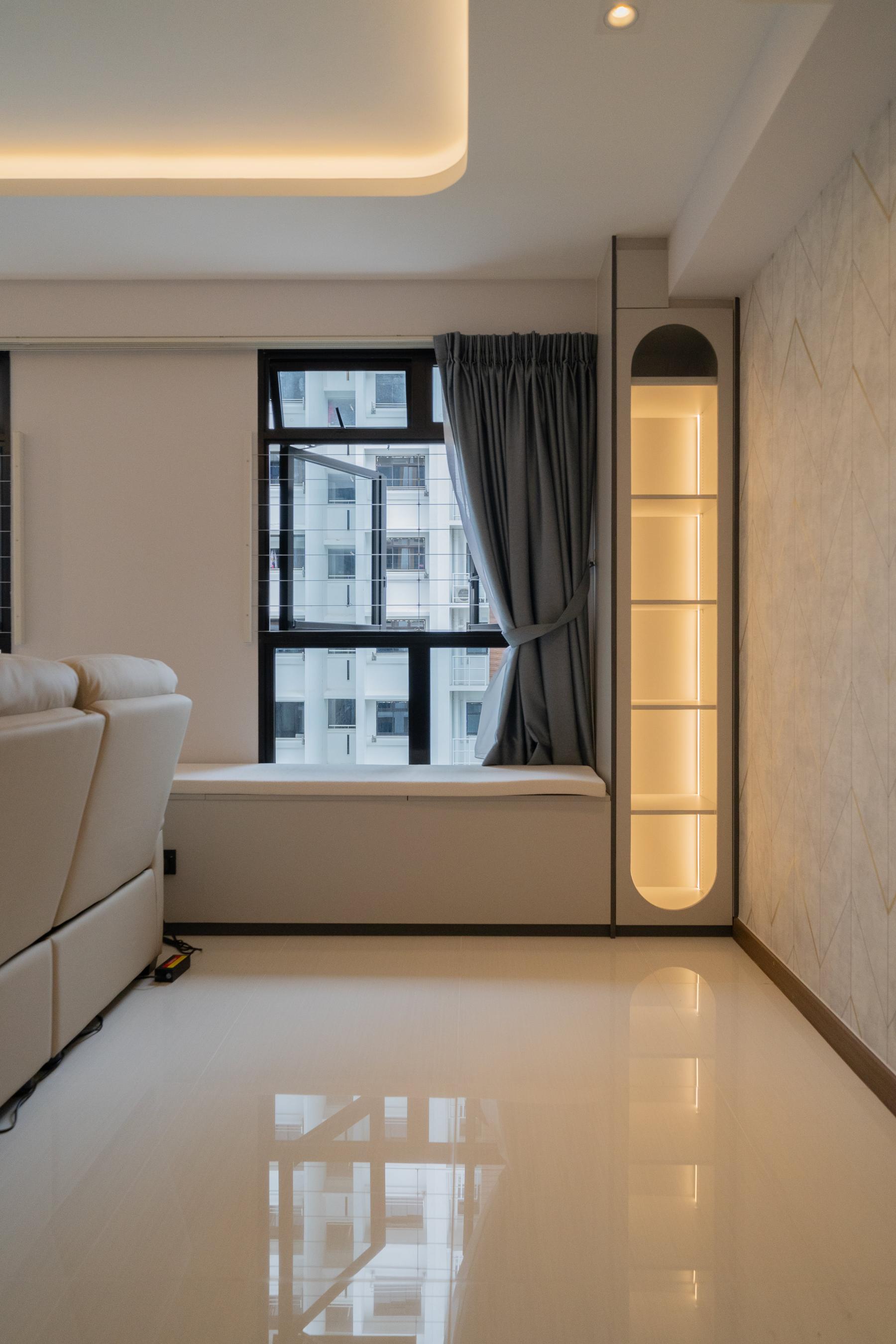 Modern Hallway with Bookshelf and Artwork