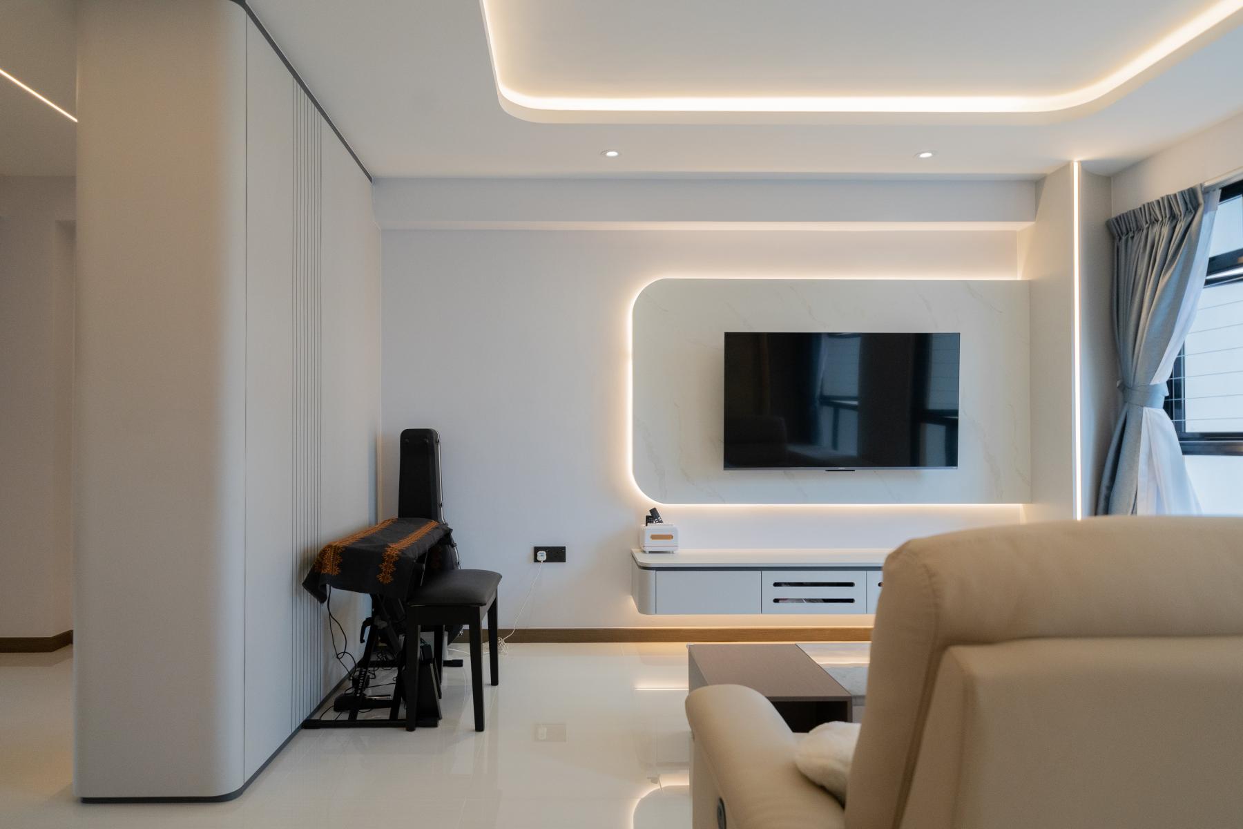 Modern Living Room with TV Console and Drop Light