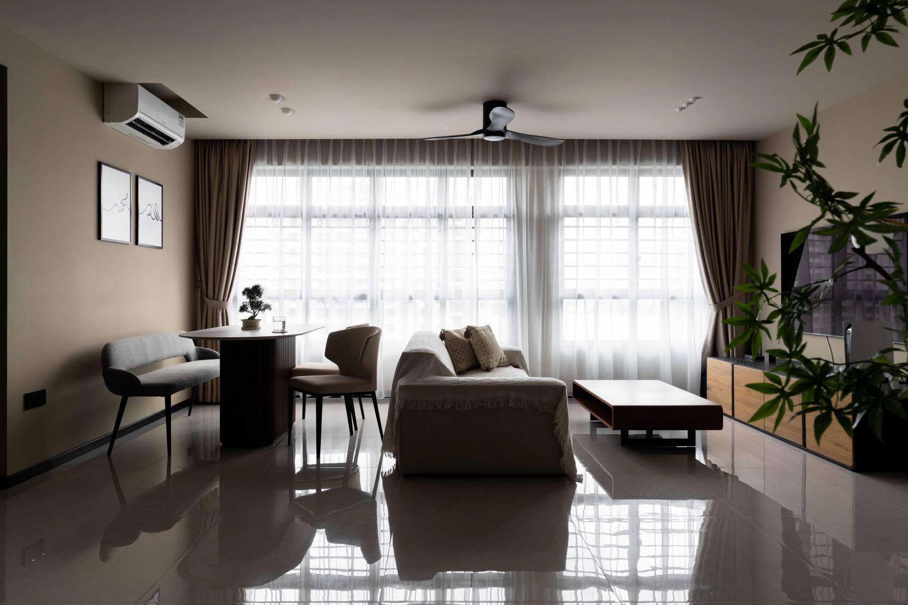 Contemporary Living Room with Homogeneous Tiles and Ceiling Light