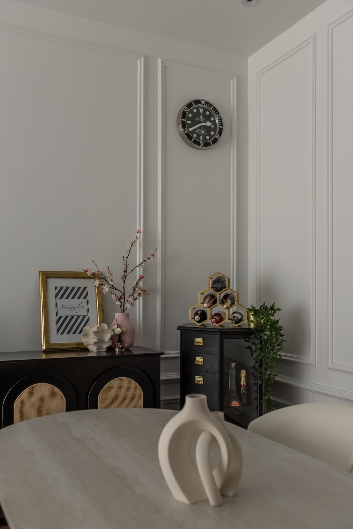 Contemporary Dining Room with Feature Wall and Drop Ceiling