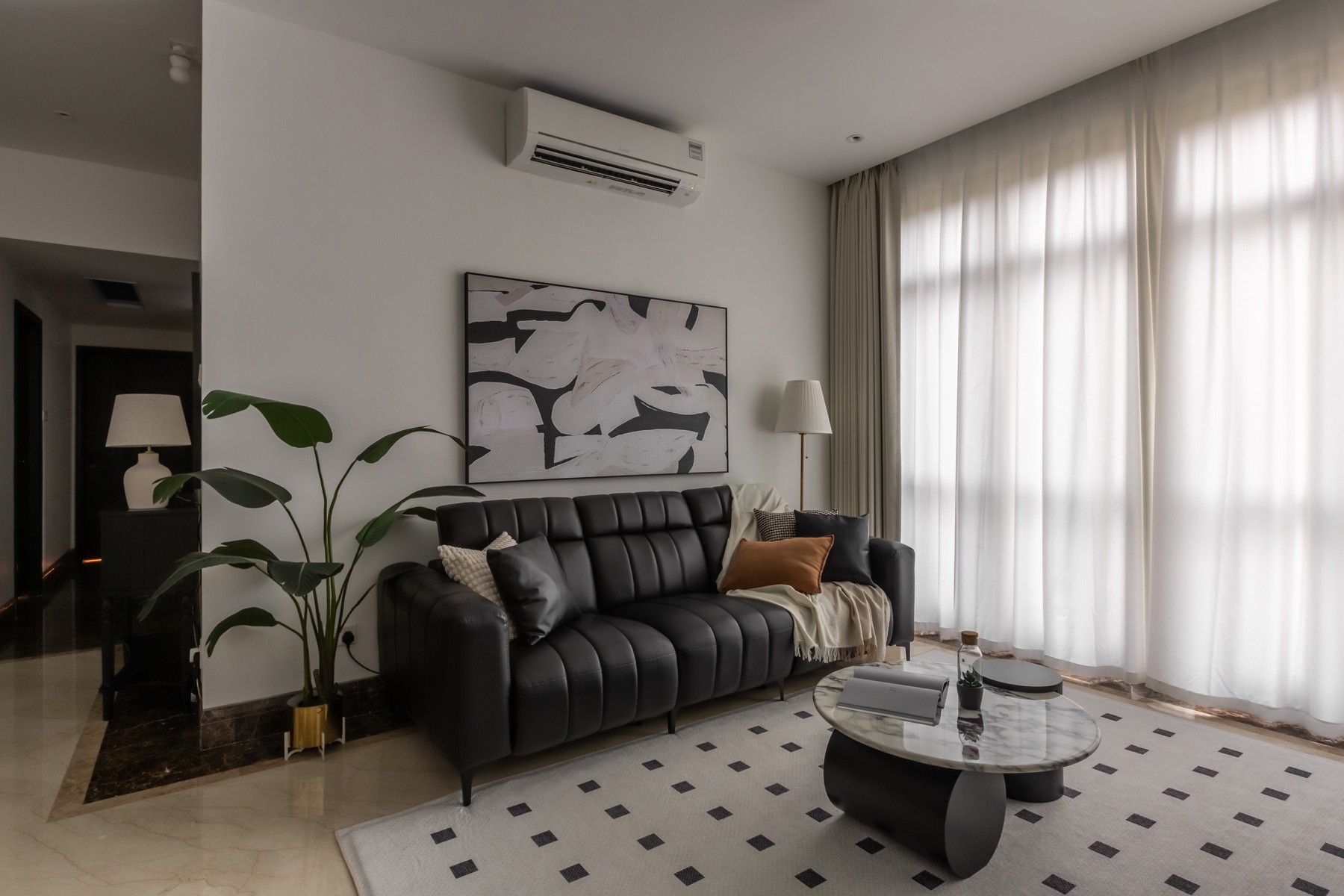 Contemporary Living Room with Carpet and Curtain