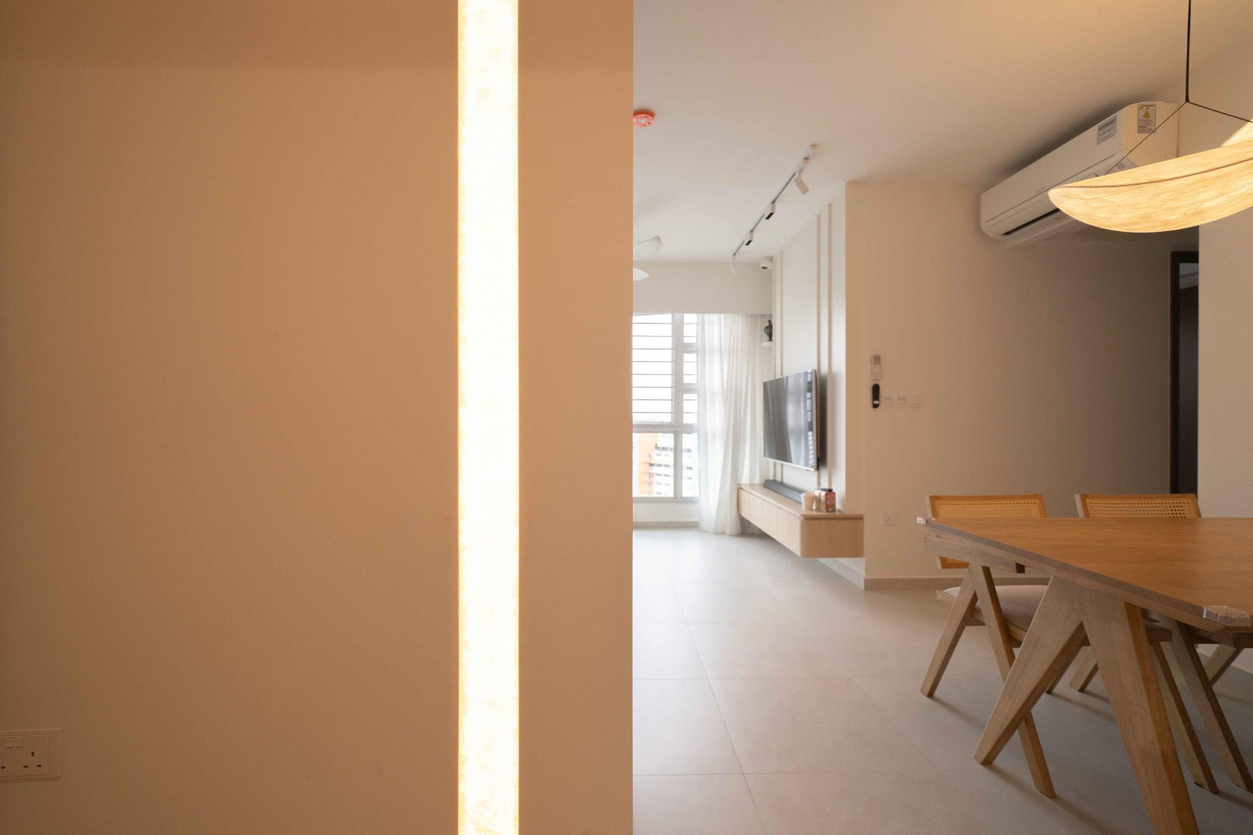 Minimalist Hallway with Artwork and Dining Table