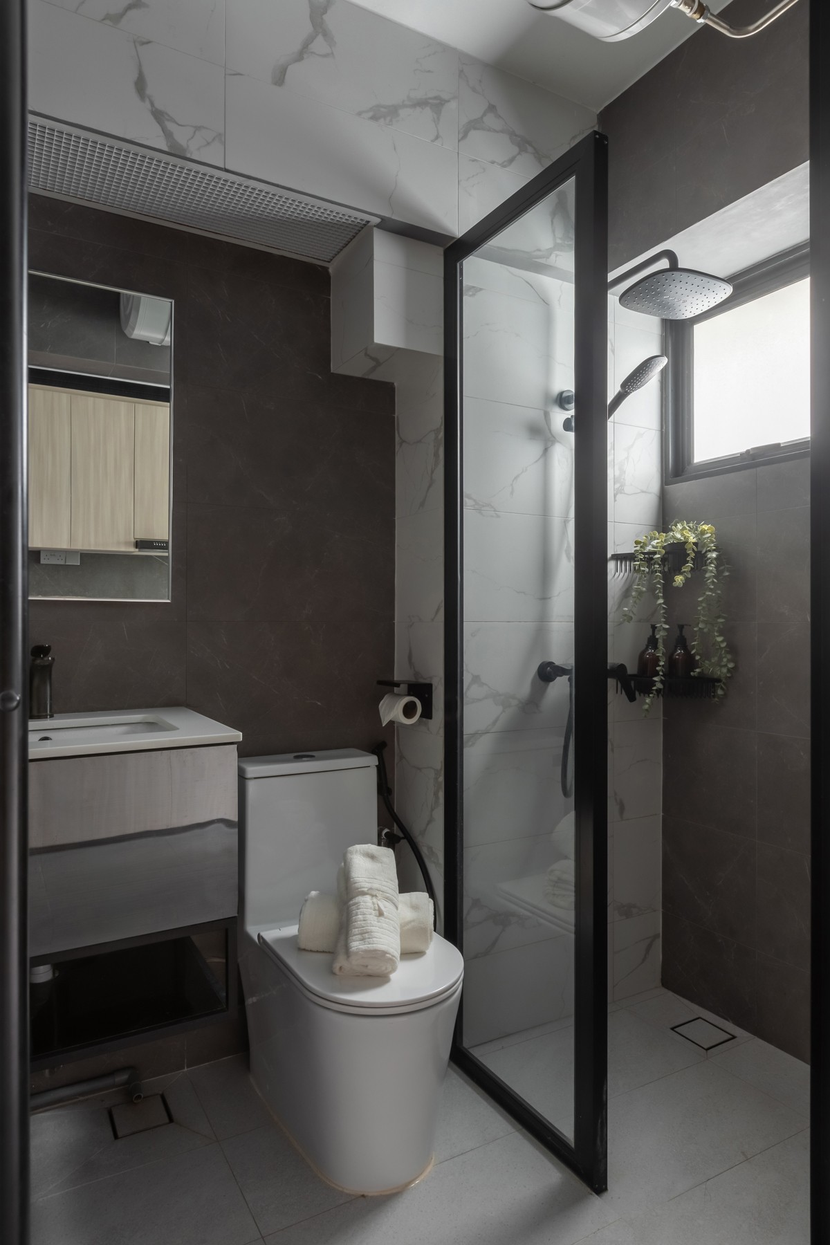 Minimalist Bathroom with Homogeneous Tiles and Shower Screen