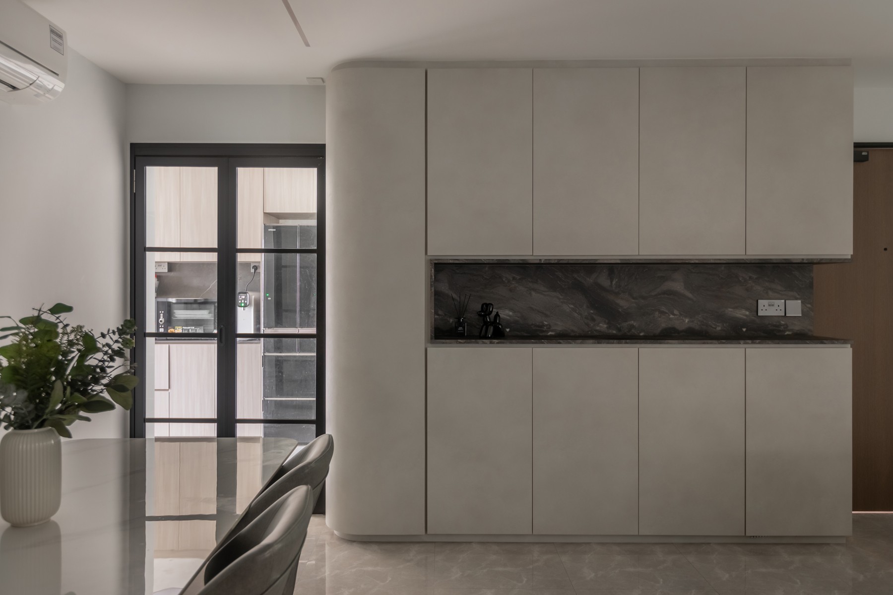 Minimalist Entryway with Drop Ceiling and Glass Door