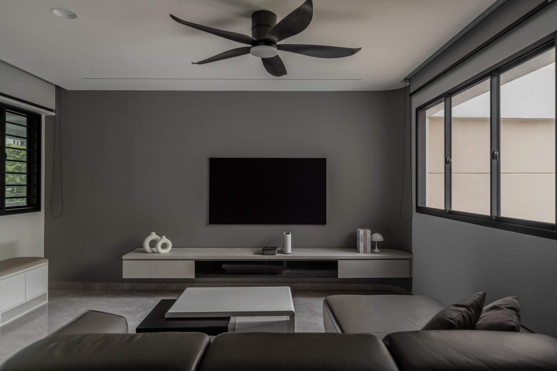 Minimalist Living Room with TV Console and Drop Ceiling