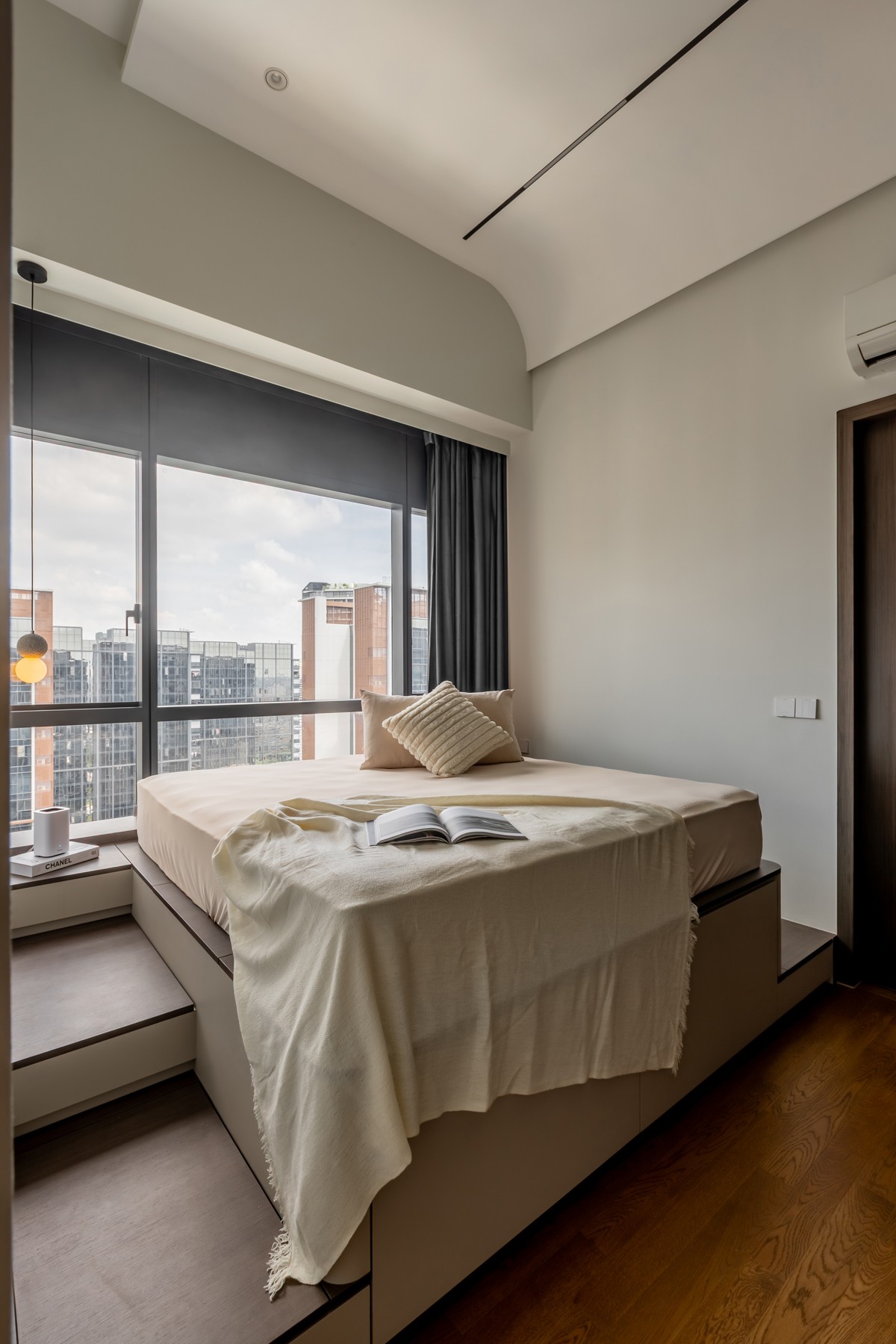 Modern Bedroom with Built-in Bed and Curtain