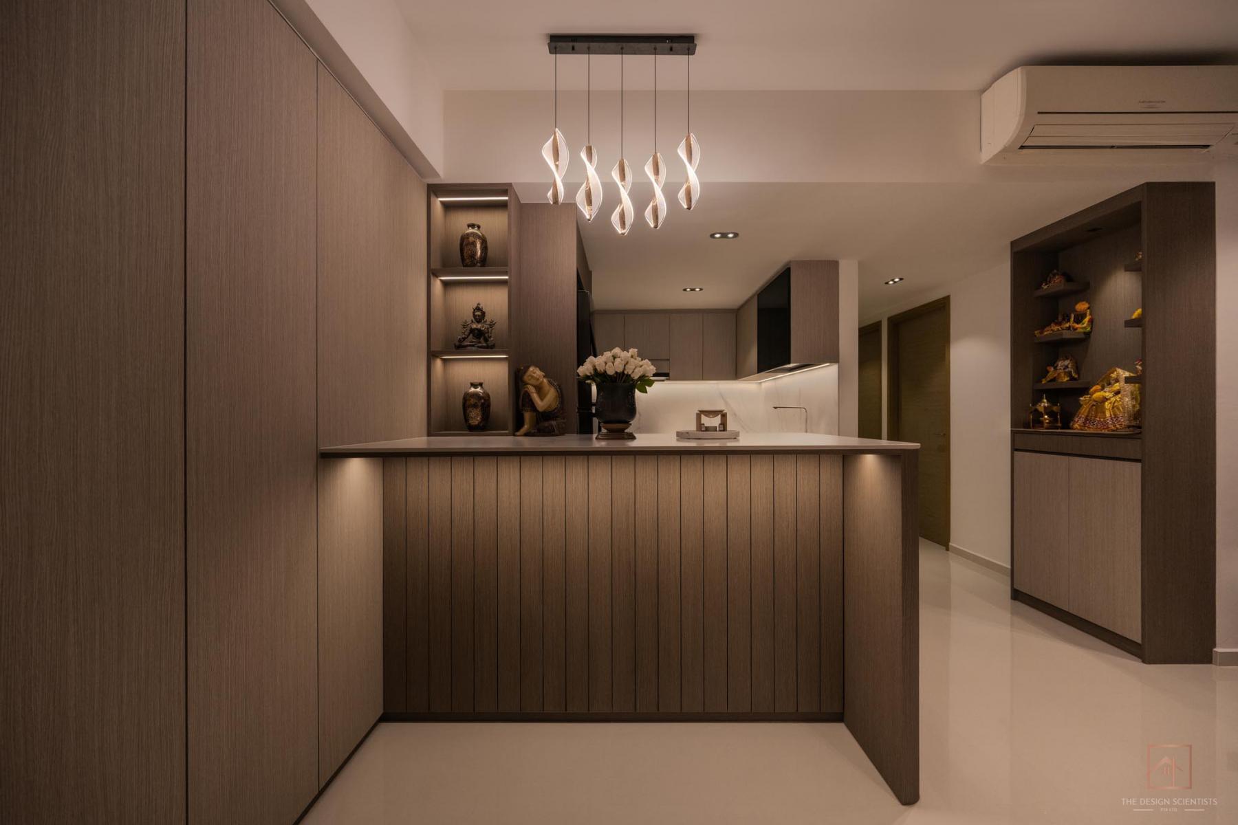 Contemporary Dining Room with Cove Lighting and Chandelier