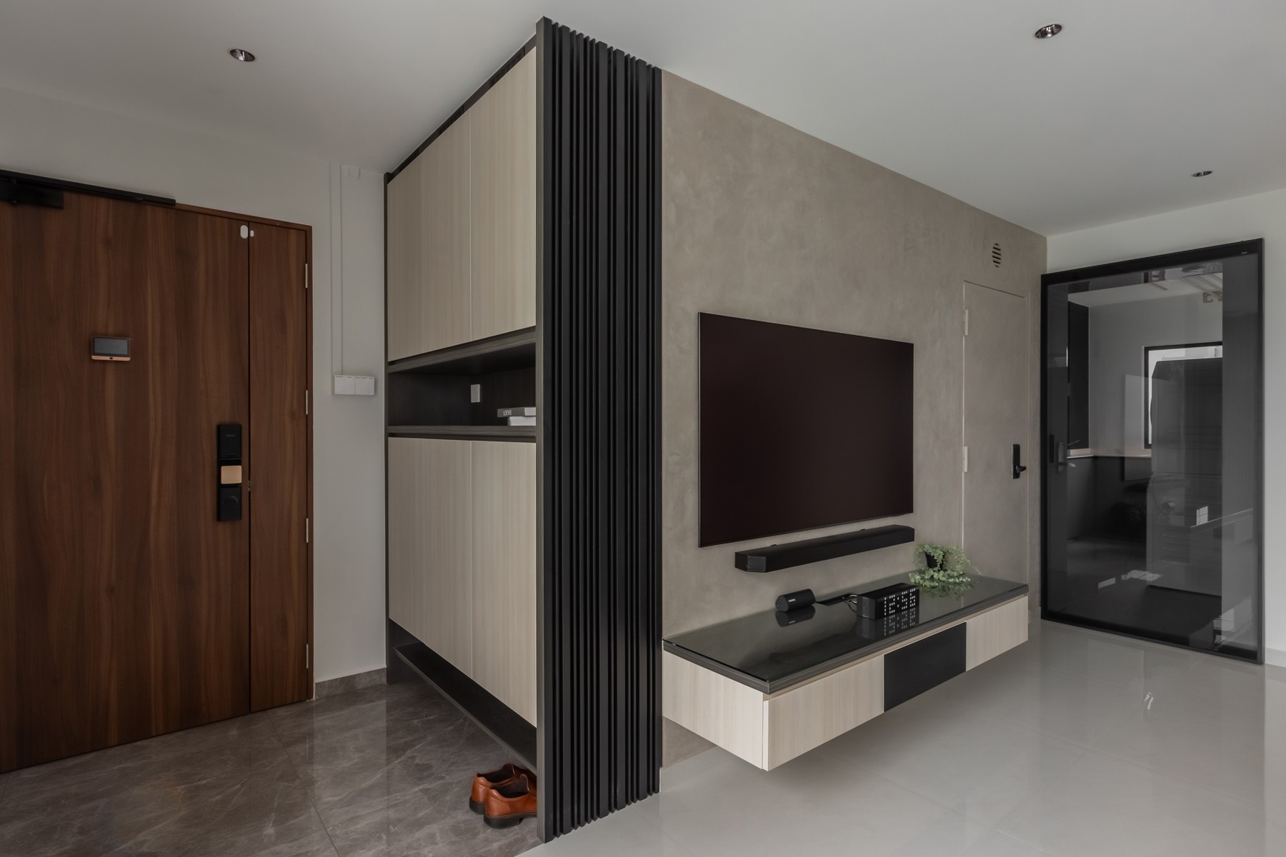 Contemporary Living Room with TV Console and Feature Wall