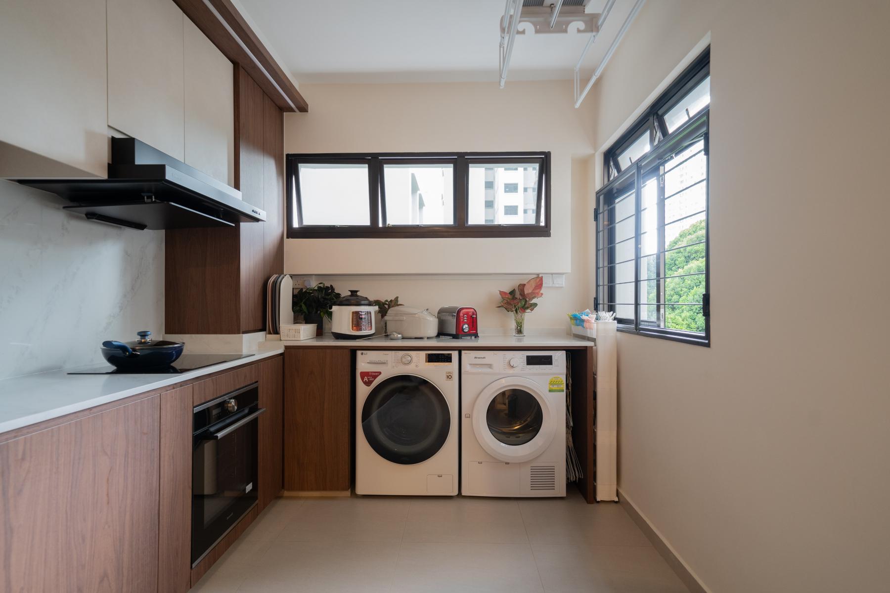 Modern Service Yard with Kitchen Window and Washing Machine