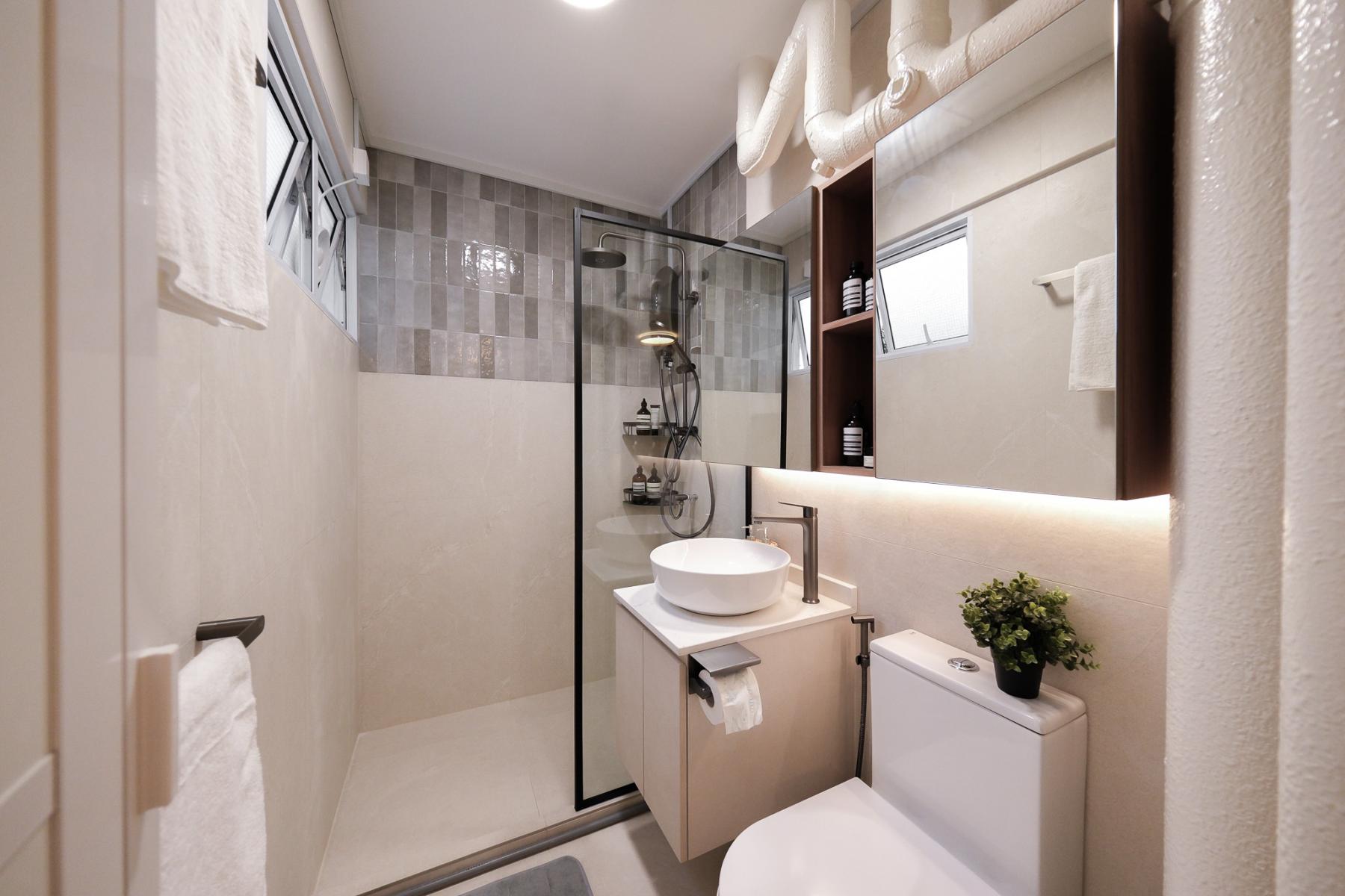 Scandinavian Bathroom with Homogeneous Tiles and Herringbone Tiling