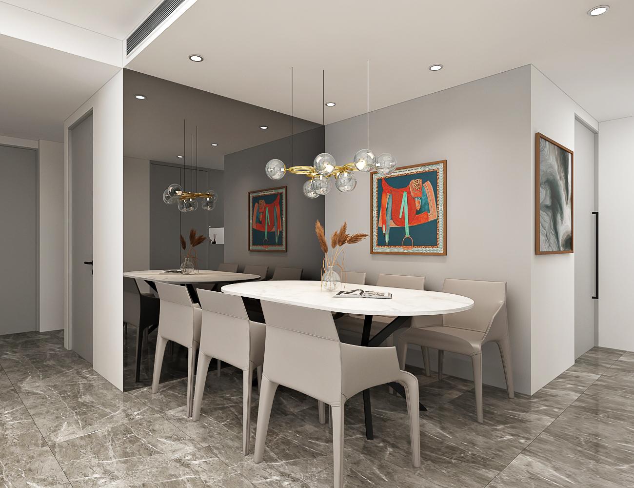 Contemporary Dining Room with Mirror and Chandelier