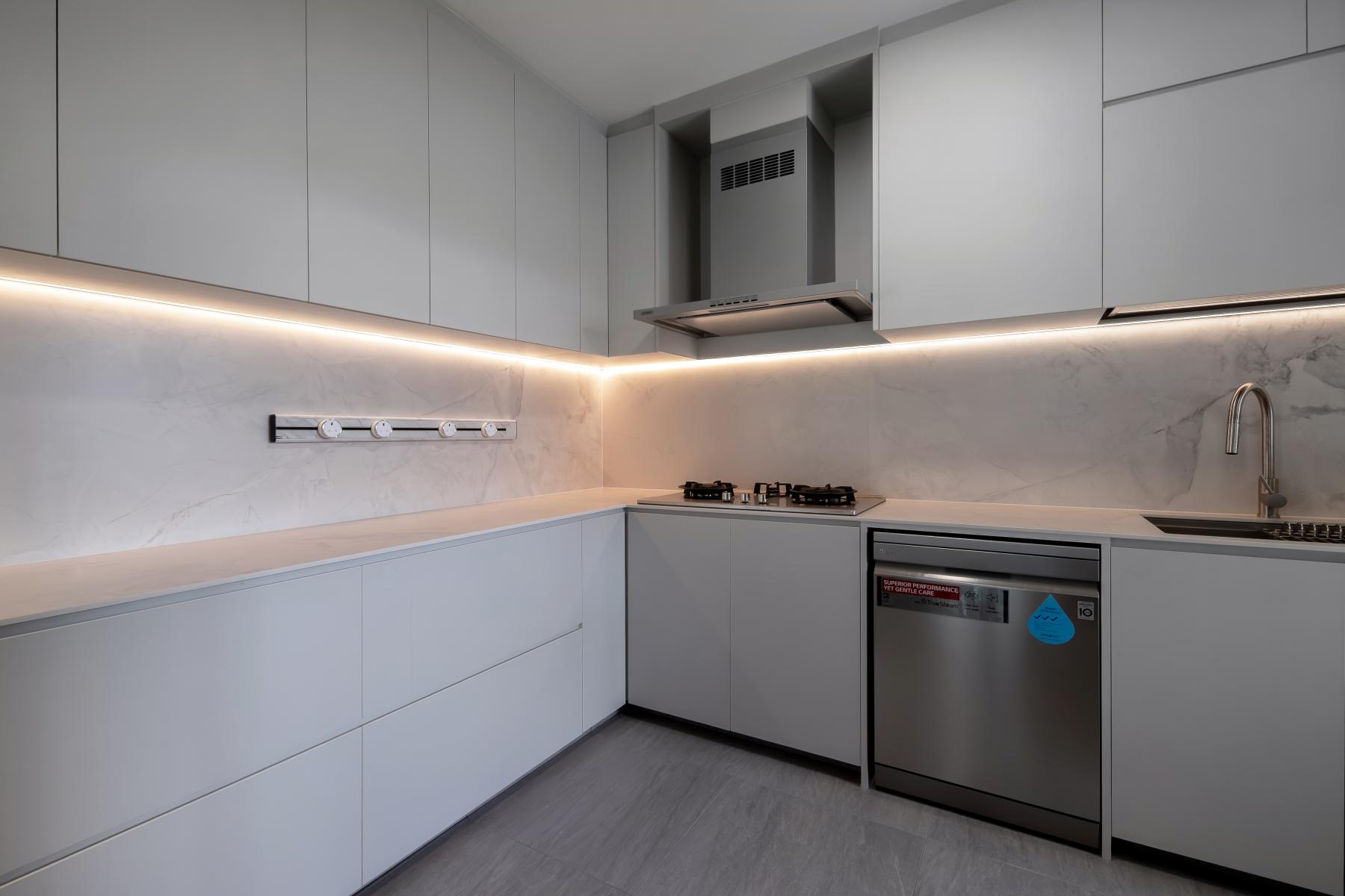 Contemporary Kitchen with Kitchen Window and Cupboard