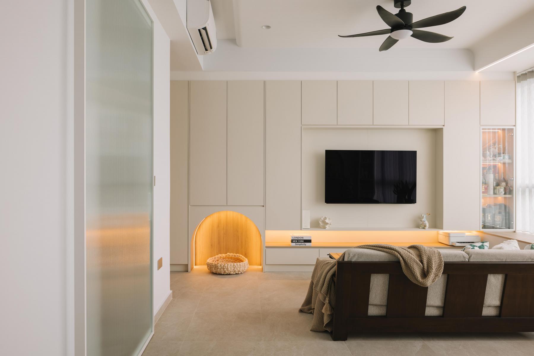 Scandinavian Living Room with Feature Wall and Storage Cabinets