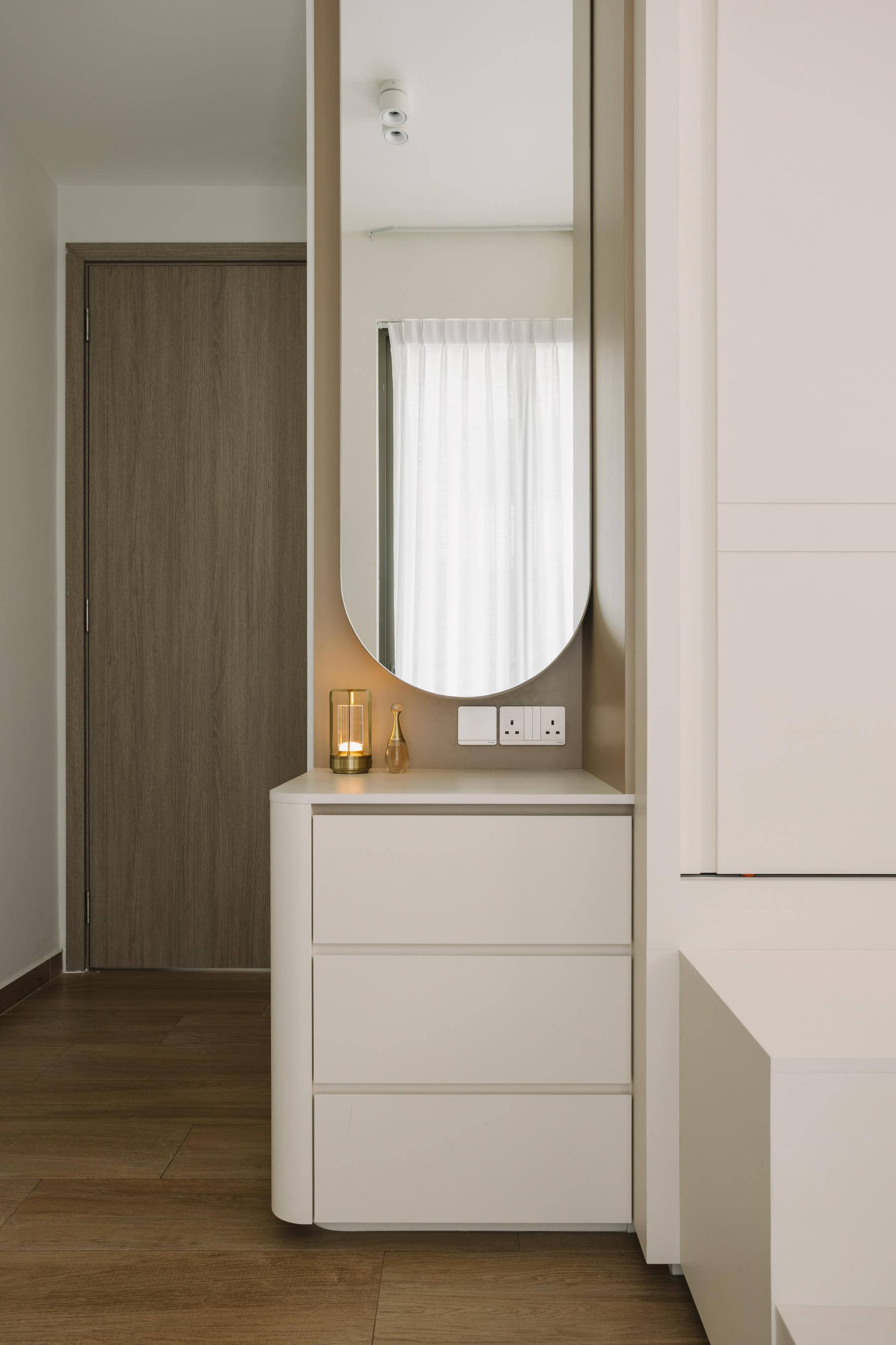 Scandinavian Bedroom with Wood Flooring and Mirror