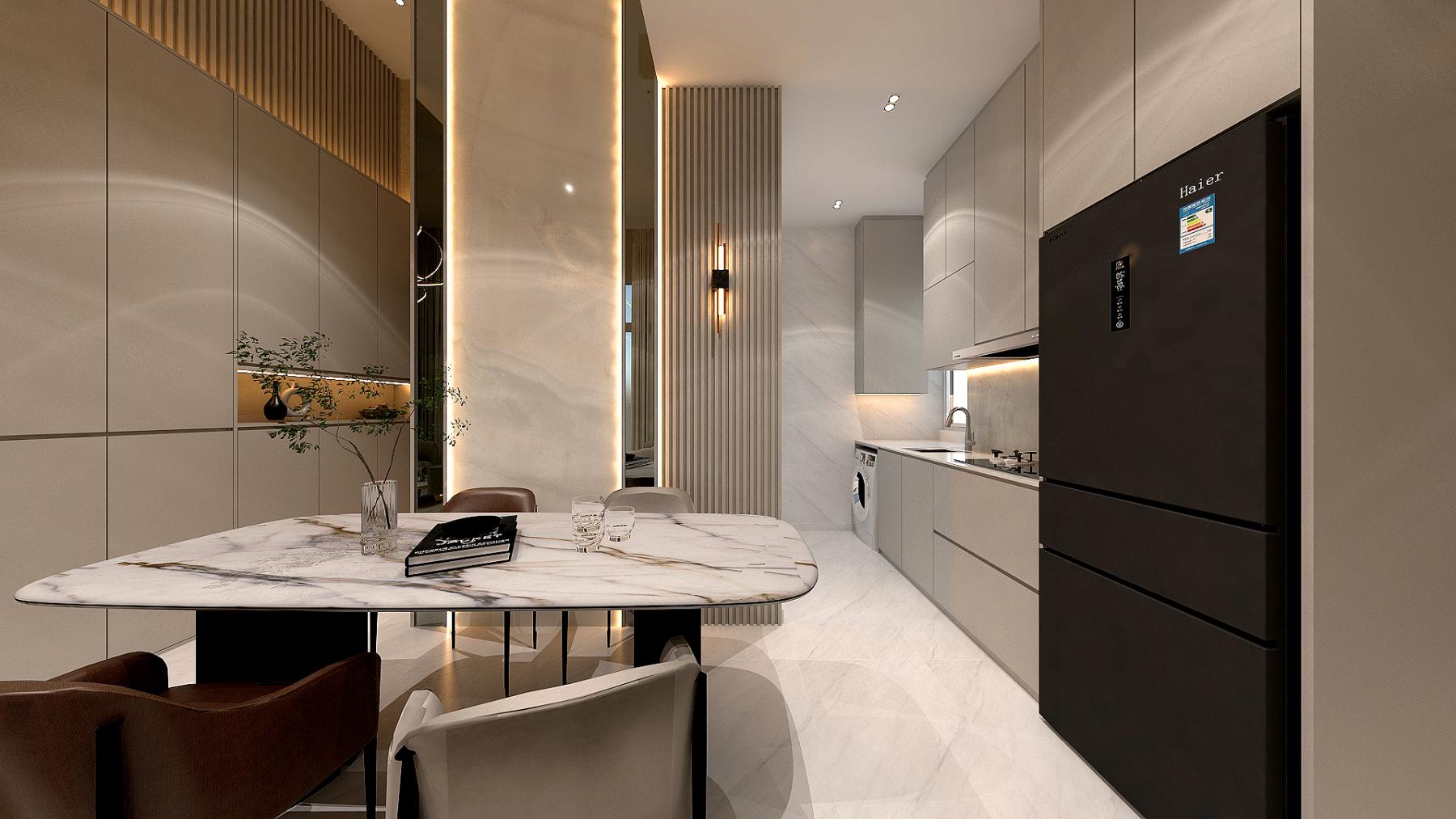 Modern Kitchen with Countertop and Marble Floor