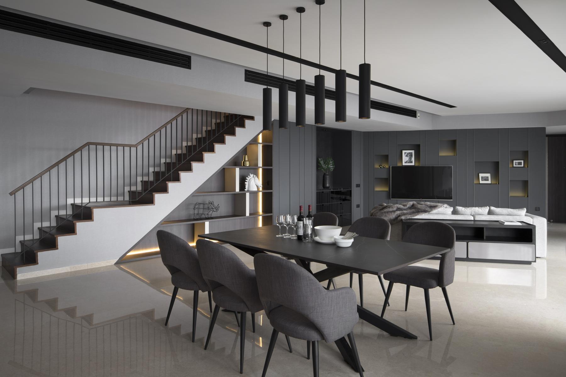 Modern Living Room with Bookshelf and Marble Floor