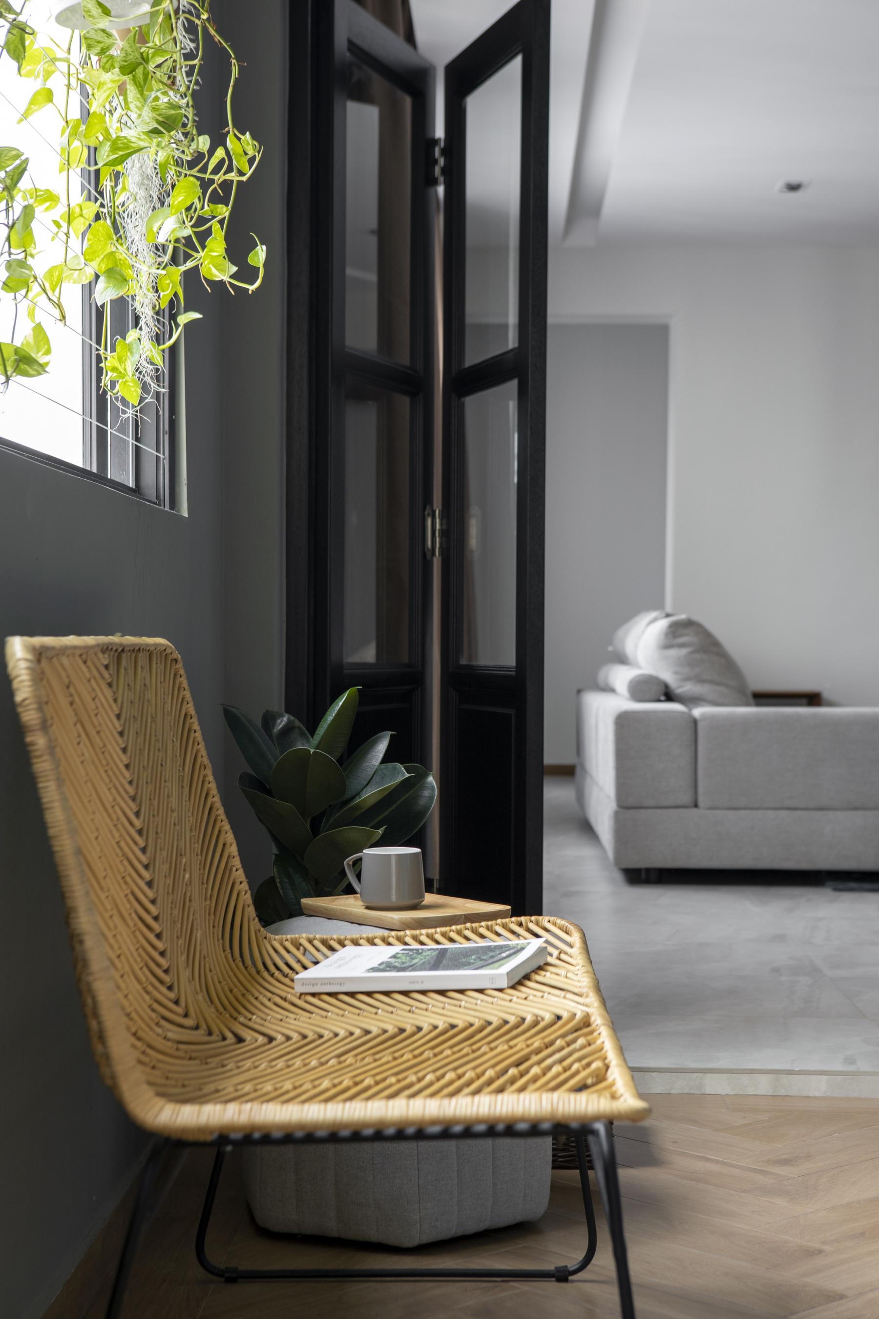 Scandinavian Entryway with Herringbone Tiling and Seating Bench