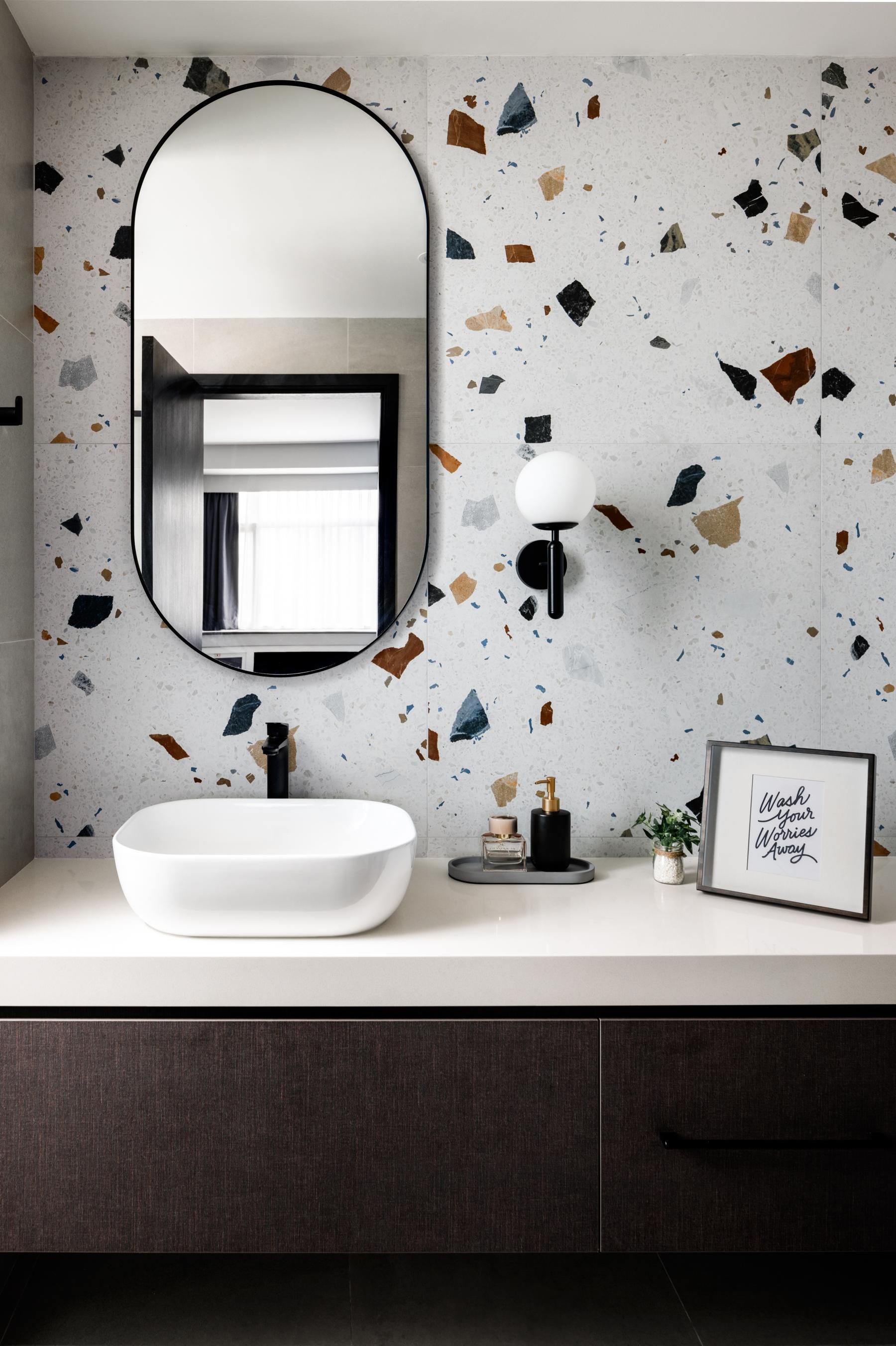 Scandinavian Bathroom with Countertop and Mirror