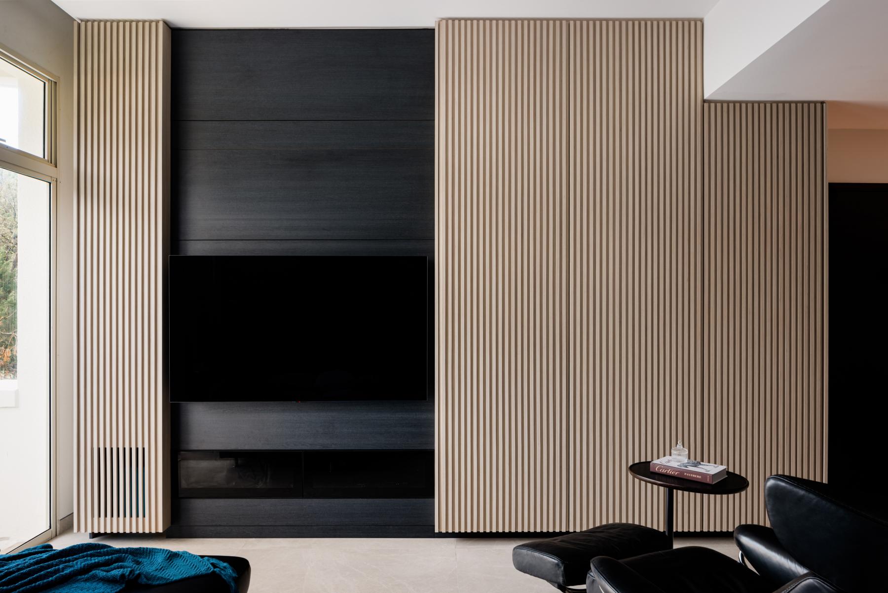 Contemporary Living Room with Homogeneous Tiles and TV Console