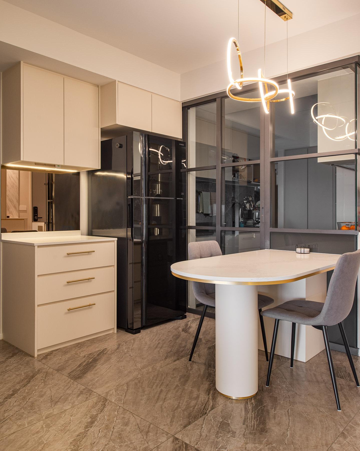 Contemporary Dining Room with Drop Ceiling and Chandelier