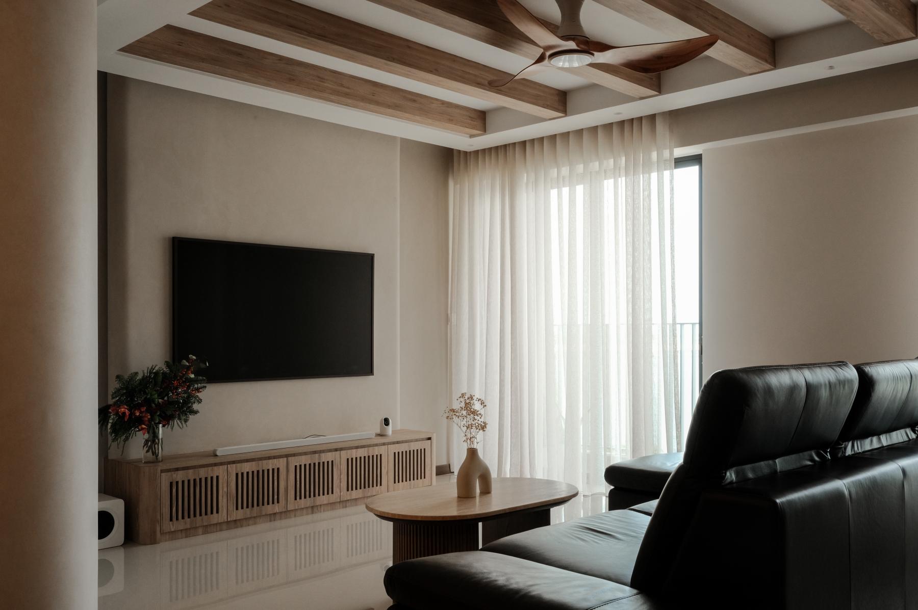 Asian Living Room with Marble Floor and TV Console